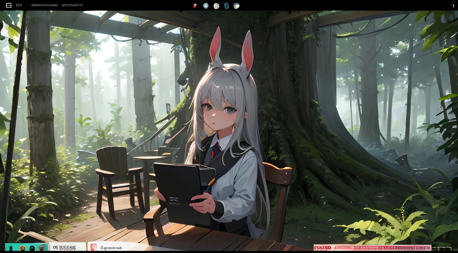 The best scenery　jungles　Rabbit ears　Gray hair color　girl with　natta　in woods　Large screen on the back　A round wooden stump chair with a few seats in front of the screen　DJ　Laser illumination　Anime Pictures