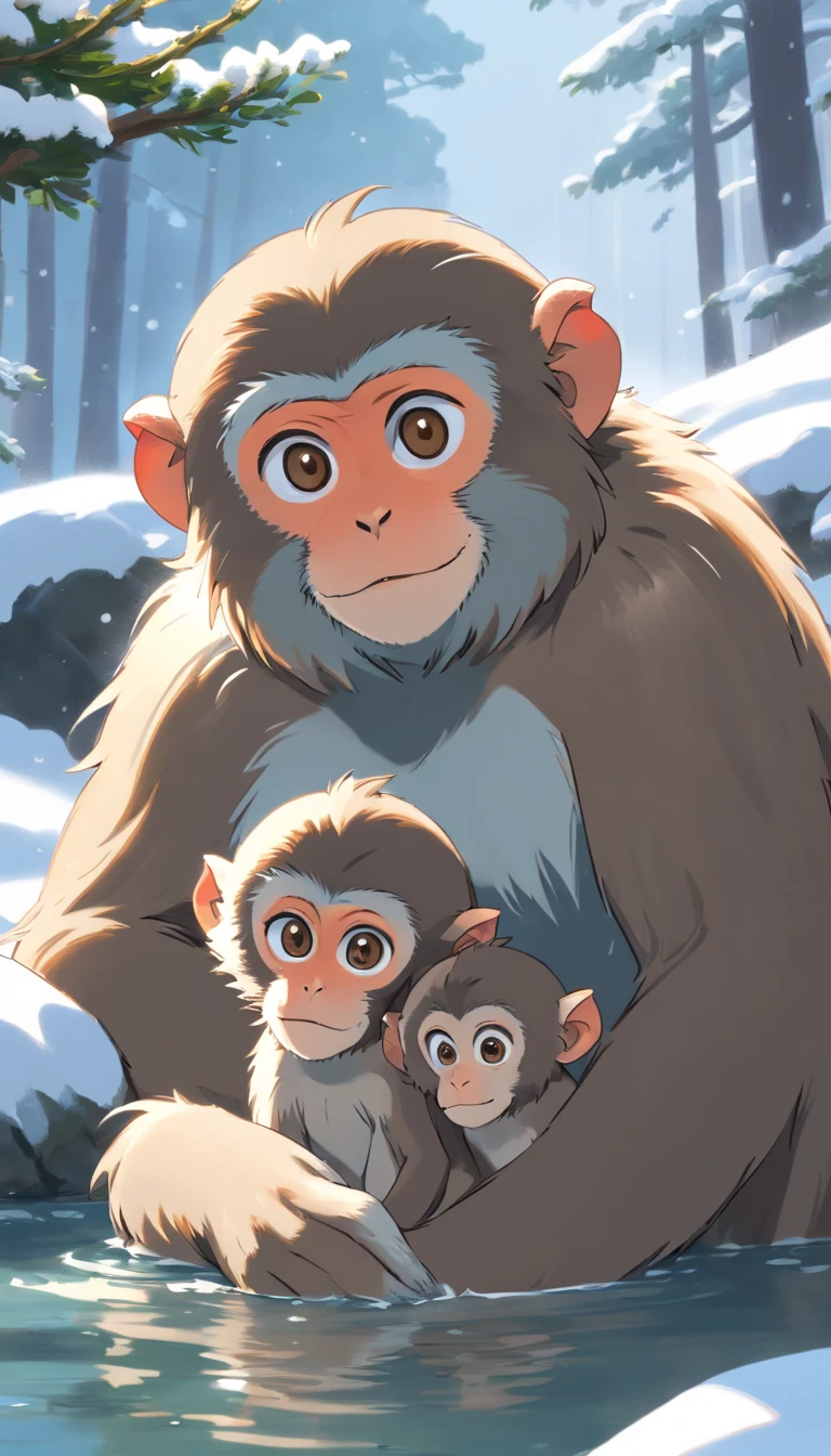 (best quality,4k,8k,highres,masterpiece:1.2),ultra-detailed,(realistic,photorealistic,photo-realistic:1.37),Many Japanese macaques soaking shoulder-deep in an open-air bath surrounded by snow,artistic,illustration,warm color palette,soft and gentle lighting,steamy atmosphere,frosted trees in the background,playful expressions on the faces of the monkeys,sparkling snowflakes,delicate fur texture,white steam rising from the hot water,lots of vibrant snow covering the ground,peaceful and serene scene,relaxing mood,fascinating wildlife,calm and tranquil environment,close-up shots of macaques' expressive eyes and cute button-like noses,perfect harmony between nature and animals,meticulous attention to detail,cultural significance of the hot spring tradition among macaques,attention-grabbing composition,splendid composition and sense of depth,impeccable clarity,immersive and captivating experience,ethereal ambiance,healing power of nature.