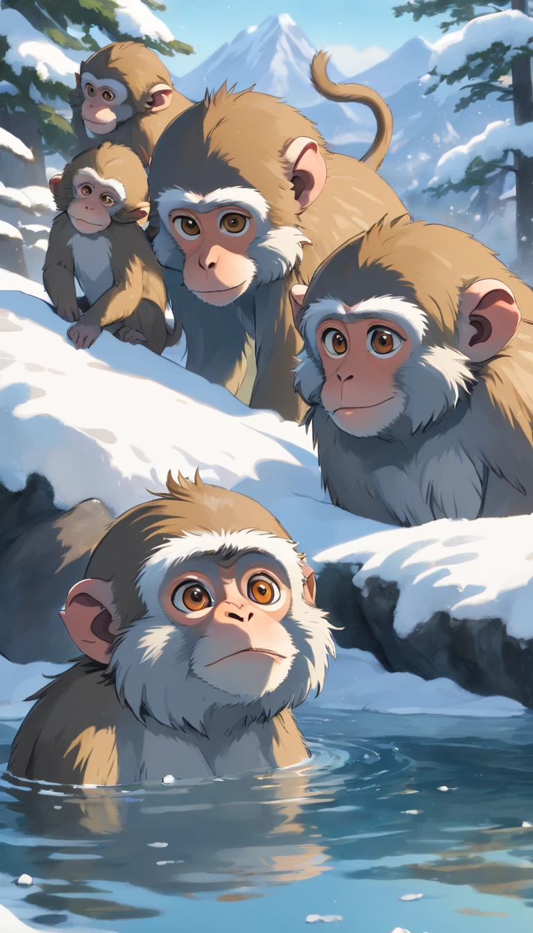 (best quality,4k,8k,highres,masterpiece:1.2),ultra-detailed,(realistic,photorealistic,photo-realistic:1.37),Many Japanese macaques soaking shoulder-deep in an open-air bath surrounded by snow,artistic,illustration,warm color palette,soft and gentle lighting,steamy atmosphere,frosted trees in the background,playful expressions on the faces of the monkeys,sparkling snowflakes,delicate fur texture,white steam rising from the hot water,lots of vibrant snow covering the ground,peaceful and serene scene,relaxing mood,fascinating wildlife,calm and tranquil environment,close-up shots of macaques' expressive eyes and cute button-like noses,perfect harmony between nature and animals,meticulous attention to detail,cultural significance of the hot spring tradition among macaques,attention-grabbing composition,splendid composition and sense of depth,impeccable clarity,immersive and captivating experience,ethereal ambiance,healing power of nature.