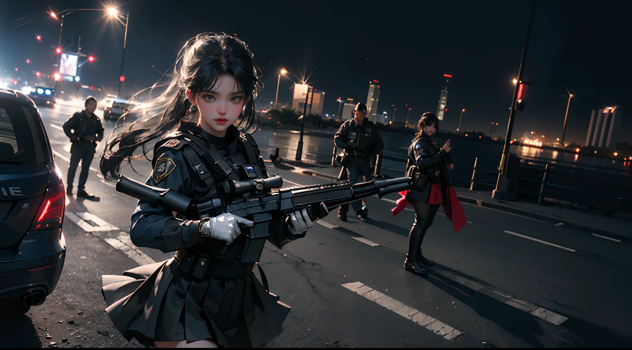 (RAW photo, 4k, masterpiece, high resolution, extremely complex) (realistic: 1.3), cinematic lighting Delicate girl with facial features, oversized, sexy body, protruding and upturned
1 female policeman blue police uniform uniform black wrapped short skirt, handsome action with batons, night scene, movie shot, white skin, panoramic police car next to it