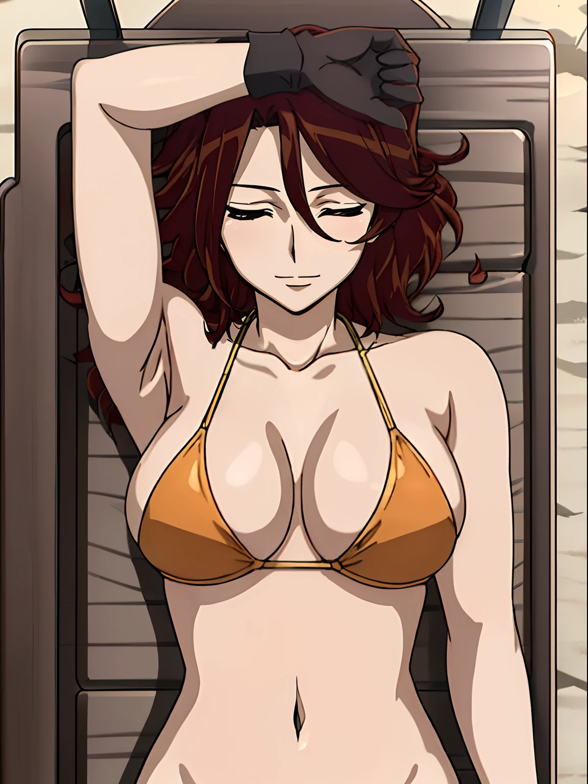 Elegant lady, anime style: 1.8, anime drawing, ultra detailed face, ultra detailed body, 4k, Sumergai Lee Noriega, ((sleeping down on medical stretcher, lying down on medical stretcher), closed eyes), best quality, anime style, hires, highest definition, digital blending, bold drawing lines, (location: beach, sunbathing), ( slim body, (little biceps), , off-shoulders, closed fists, (curvy: 2.8)), ((bikini , white gloves, armpit protector, (chaps))), victorious, winner, gentle, (pale skin, shiny skin, very big breasts, smile), (big eyes, brown eyes), (brown hair, loose hair), 27 years old,