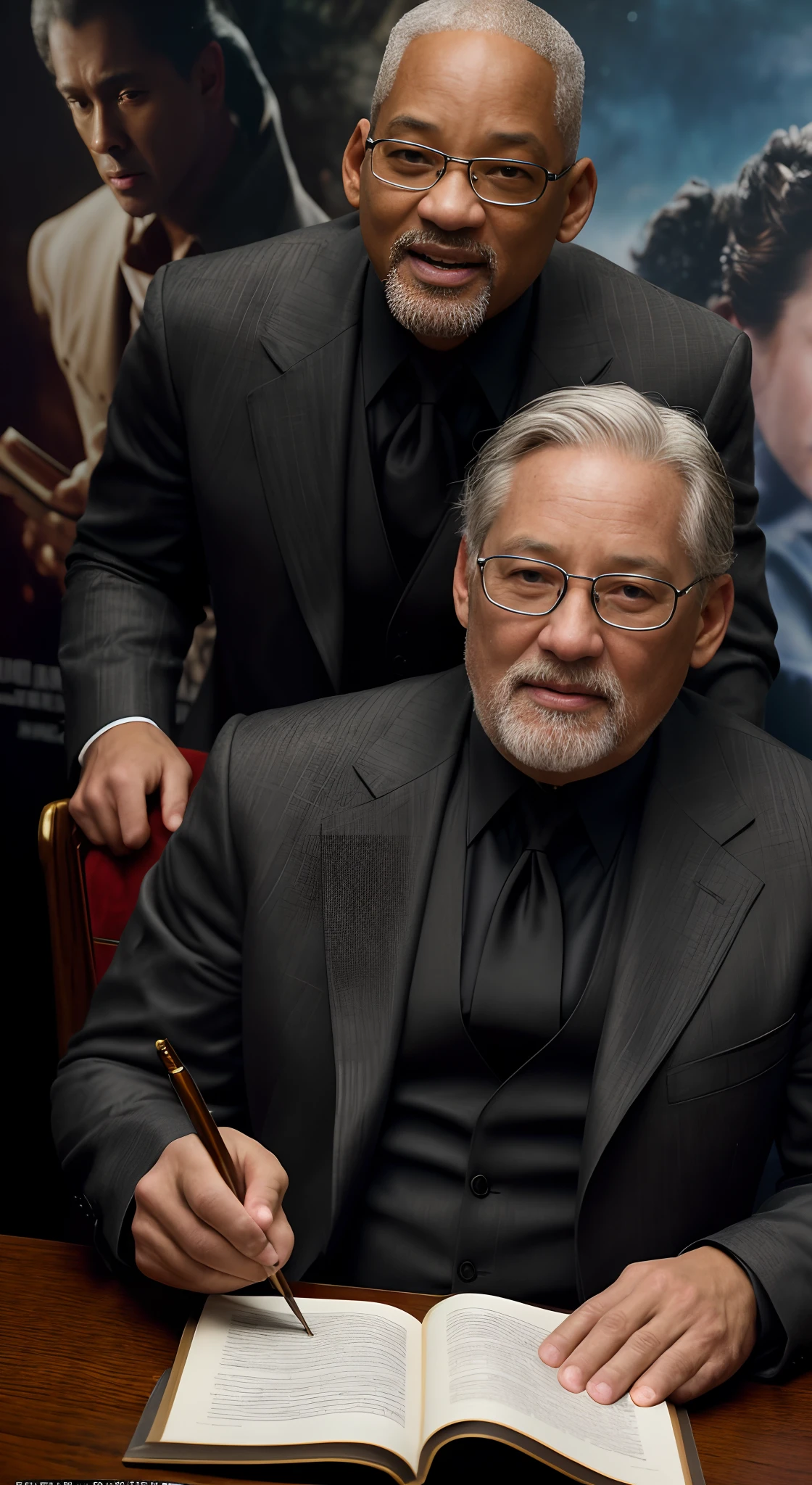 ((Movie Premiere Poster 1.8)), tmasterpiece,(best qualtiy),highly detailed,ultra - detailed,(Dynamic pose:1.2),(Dynamic camera),Will Smith(Will Smith,a old man,old age,grampa,he is about 7 0 years old),Wear a sophisticated haute couture suit,Black shirt,With glasses,Died of old age,Old scholar,professor,wisdom,Gray hair,Gray beard,Emaciated cheeks,Holding a thick book,8K, High definition, Detailed face, Detailed eyes,Hyper-realistic, + cinema shot + Dynamic composition, Incredibly detailed, Sharpen, Details + Superb details + evening with light + perfectionism + award winning realism ((Moody lighting)),Vintage style,Be interviewed,((Movie Premiere Poster 1.8)),(Movie Premiere Poster 1.8)