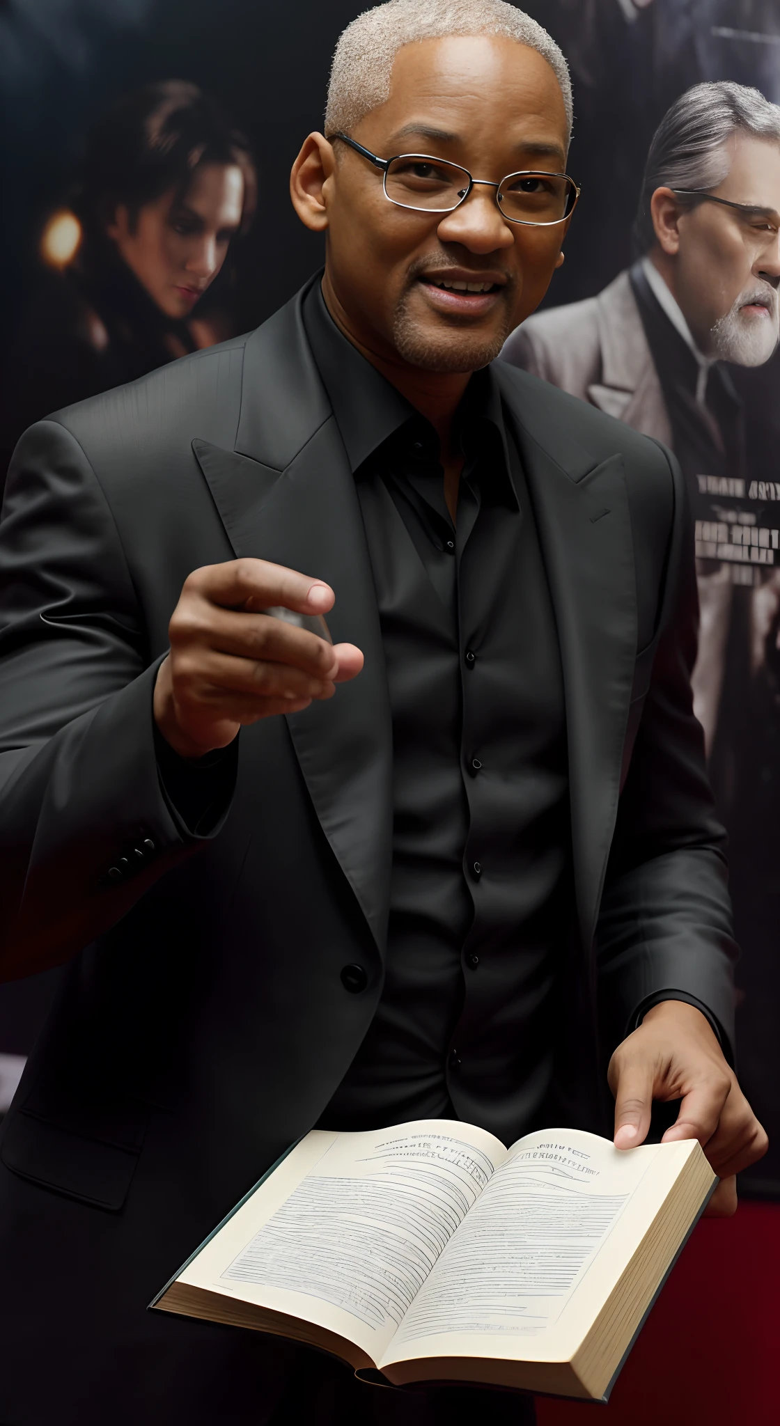 ((Movie Premiere Poster 1.8)), tmasterpiece,(best qualtiy),highly detailed,ultra - detailed,(Dynamic pose:1.2),(Dynamic camera),Will Smith(Will Smith,a old man,old age,grampa,he is about 7 0 years old),Wear a sophisticated haute couture suit,Black shirt,With glasses,Died of old age,Old scholar,professor,wisdom,Gray hair,Gray beard,Emaciated cheeks,Holding a thick book,8K, High definition, Detailed face, Detailed eyes,Hyper-realistic, + cinema shot + Dynamic composition, Incredibly detailed, Sharpen, Details + Superb details + evening with light + perfectionism + award winning realism ((Moody lighting)),Vintage style,Be interviewed,((Movie Premiere Poster 1.8)),(Movie Premiere Poster 1.8)