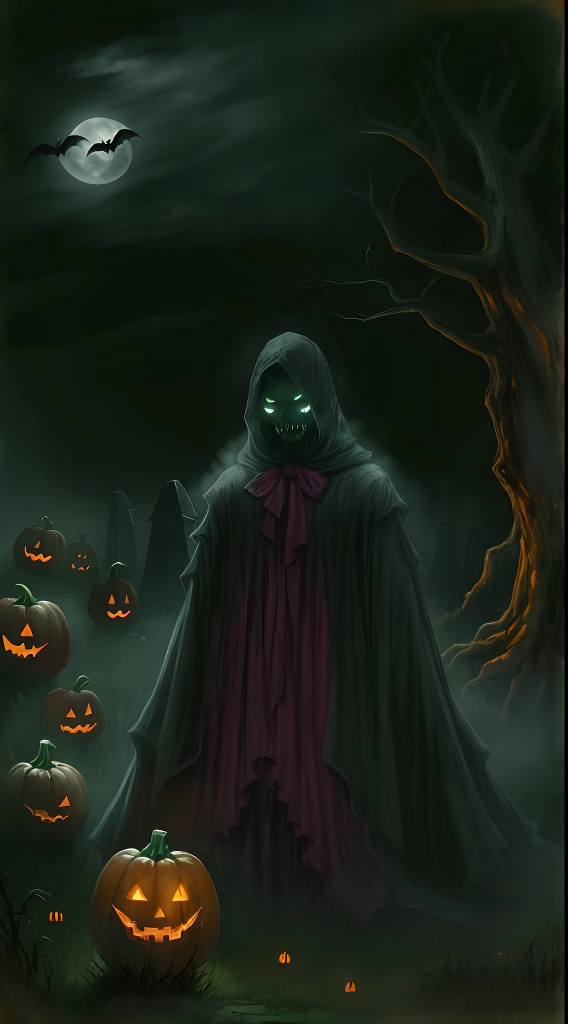 (Dark, Spooky atmosphere,Horror),Pumpkin Head Freddie,Coming out of the grave,Vivid colors,Creepy lighting,Horror movie atmosphere,halloween night,Terrible facial features,Long sharp teeth,Glowing eyes,Scary expression,bloody wounds,Scary Halloween costumes,Bats flying in the background,full moon,Haunted graveyard,Ominous Shadows,grave stones,Creepy trees,Wisps of mist,An unforgettable presence,Nightmarish images,Terrifying atmosphere,Scary aura,Creepy scene,The presence of demons,Menacing vibes,Creepy details,Terrible transformation,Creepy sound effects,Creepy screams,Cold,Goosebump-inducing artwork.