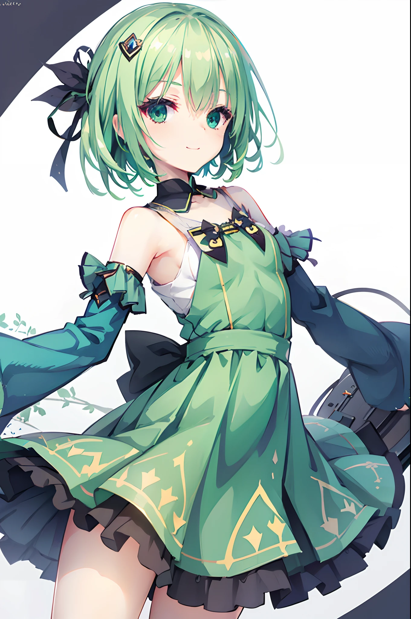 tiny girl,Colossal tits,Smile with open mouth,short green hair,Bunny Costume,Whip thighs,hair adornments,Heterochromia,Blue and green eyes,Top image quality,Best Quality