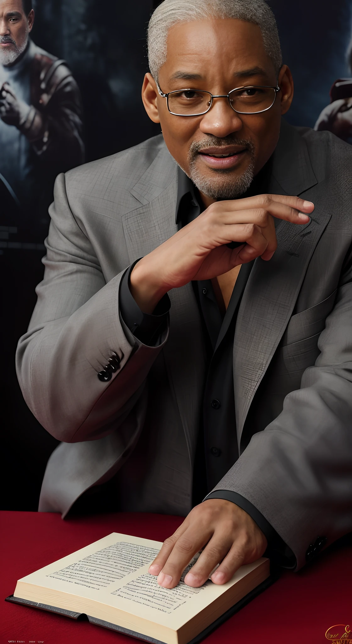 ((Movie Premiere Poster 1.8)), tmasterpiece，（best qualtiy），highly  detailed，ultra - detailed，(Dynamic pose:1.2),(Dynamic camera)，Will Smith（Will Smith，a old man，old age，grampa，he is about 7 0 years old），Wear a sophisticated haute couture suit，Black shirt，With glasses，Died of old age，Old scholar，professor，wisdom，Gray hair，Gray beard，Emaciated cheeks，Holding a thick book，8K, High definition, Detailed face, Detailed eyes，Hyper-realistic, + cinema shot + Dynamic composition, Incredibly detailed, Sharpen, Details + Superb details + evening with light + perfectionism + award winning realism ((Moody lighting))，Vintage style，Be interviewed，((Movie Premiere Poster 1.8)),(Movie Premiere Poster 1.8)