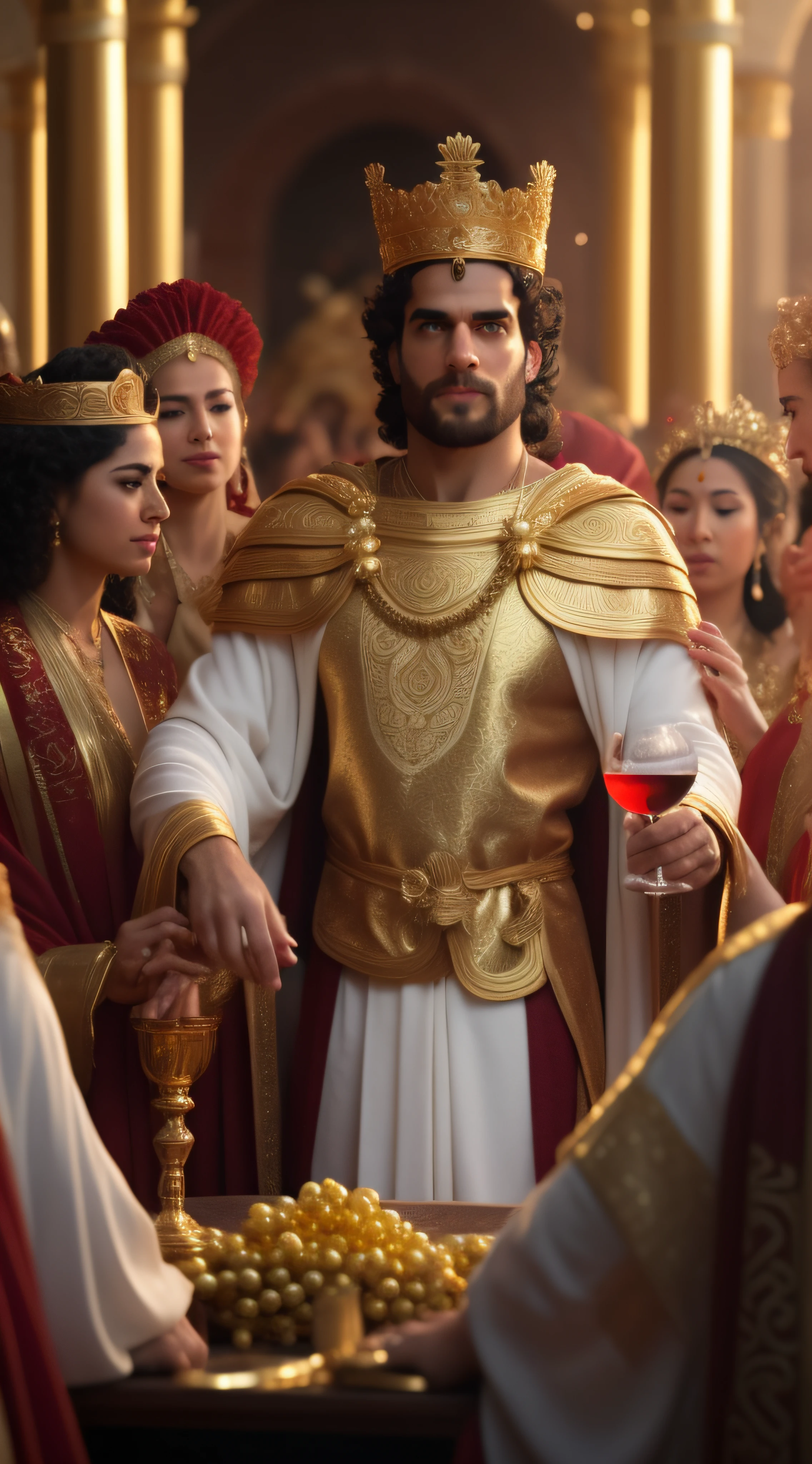 arafed man in a gold and red costume standing in front of a group of women, the greek god of wine, celebrating a king being crowned, fantasy style 8 k octane render, ancient kings in white robes, dressed in roman clothes, henry cavill as a greek god, anton fadeev 8 k, by Zlatyu Boyadzhiev