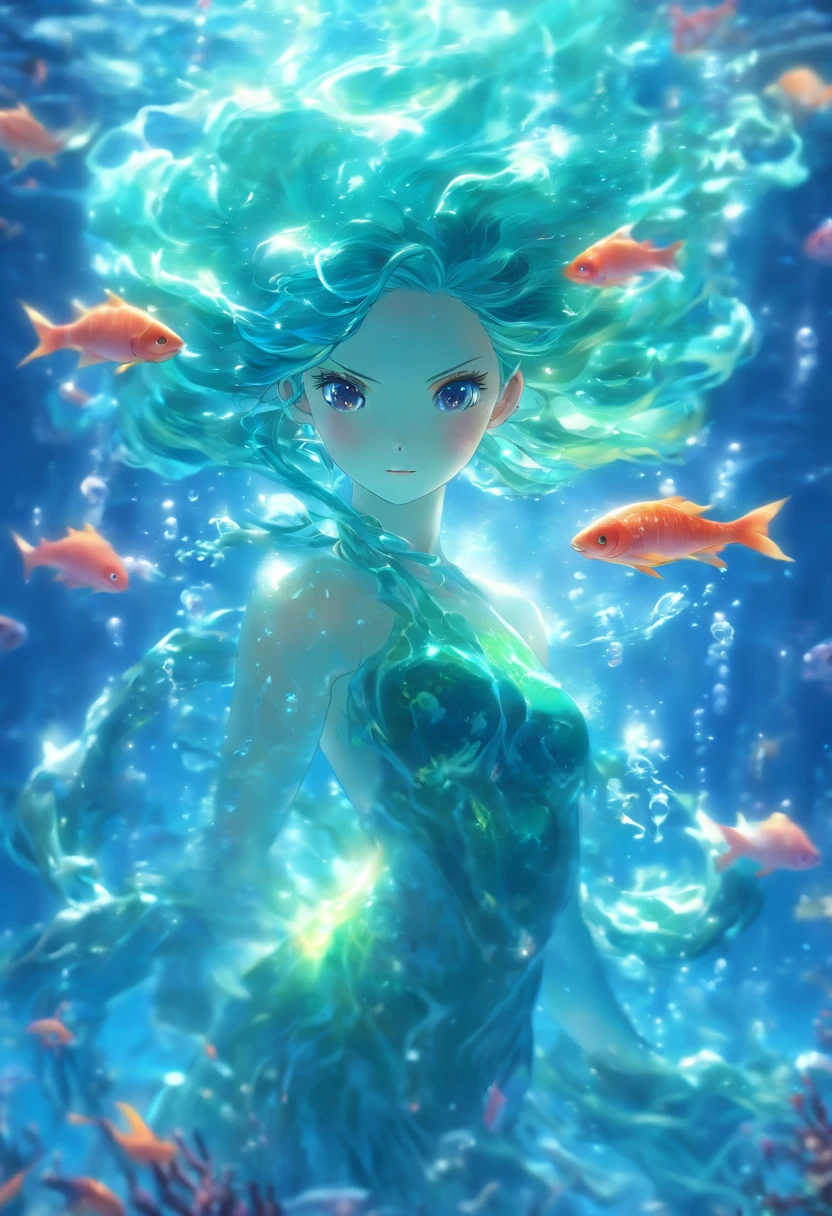 (best quality,4k,highres,masterpiece:1.2),ultra-detailed,(realistic,photorealistic,photo-realistic:1.37),female water elemental,water flesh,water composition,coral surroundings,iridescent colors,aqua lighting,fantasy style,surreal,ethereal,reflection,flowing movement,translucent,serene expression,liquid form,magical atmosphere,underwater scene,detail-rich scales,glistening droplets,floating hair,breathtaking beauty,graceful pose,tranquil background,deep sea,seaweed tendrils,soft glows,subtle shadows,gentle waves,sea pearls,submerged statues,hidden treasures,otherworldly,enchanted,secrets of the depths,peaceful ambiance