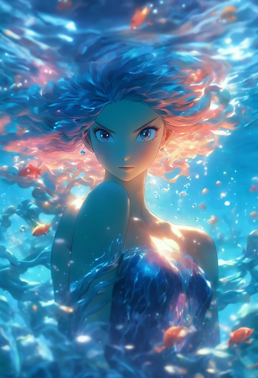 (best quality,4k,highres,masterpiece:1.2),ultra-detailed,(realistic,photorealistic,photo-realistic:1.37),female water elemental,water flesh,water composition,coral surroundings,iridescent colors,aqua lighting,fantasy style,surreal,ethereal,reflection,flowing movement,translucent,serene expression,liquid form,magical atmosphere,underwater scene,detail-rich scales,glistening droplets,floating hair,breathtaking beauty,graceful pose,tranquil background,deep sea,seaweed tendrils,soft glows,subtle shadows,gentle waves,sea pearls,submerged statues,hidden treasures,otherworldly,enchanted,secrets of the depths,peaceful ambiance