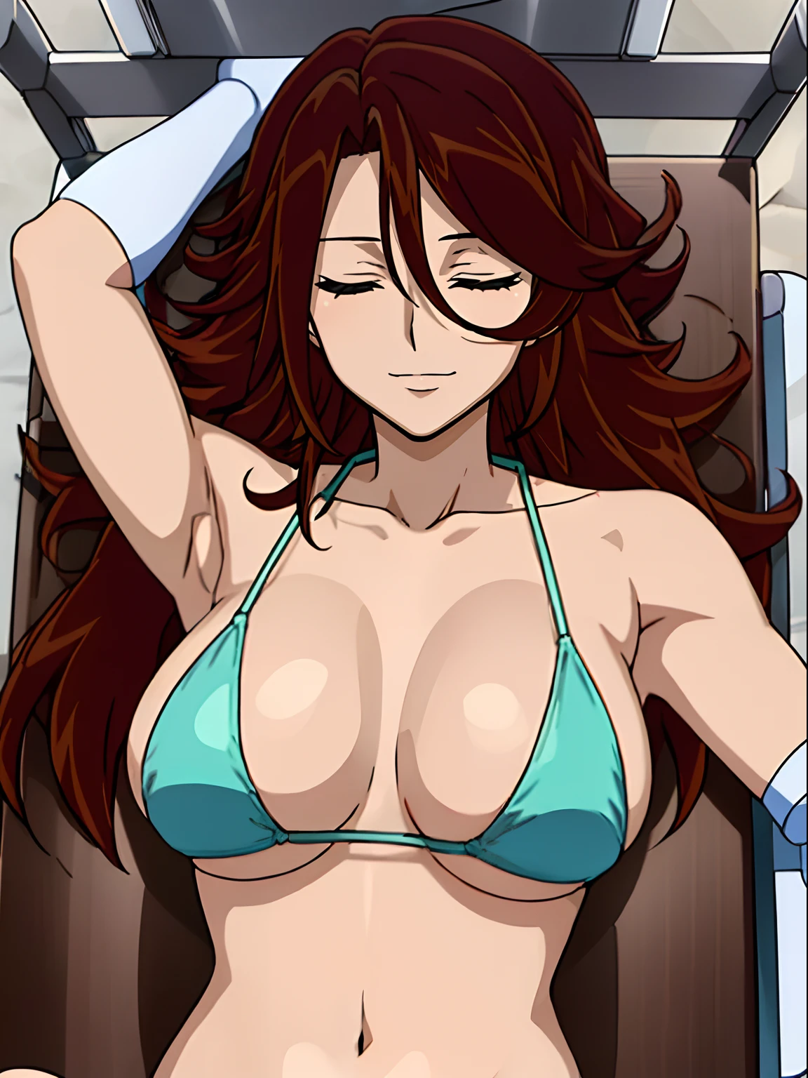 Elegant lady,  anime style: 1.8, anime drawing, ultra detailed face, ultra detailed body, 4k, Sumergai Lee Noriega, ((sleeping down on medical stretcher, lying down on medical stretcher), closed eyes), best quality, anime style, hires, highest definition, digital blending, bold drawing lines, (location: beach, sunbathing), ( slim body, (little biceps), , off-shoulders, closed fists, (curvy: 2.8)), ((bikini , white gloves, armpit protector, (chaps))), victorious, winner, gentle, (pale skin, shiny skin, very big breasts, smile), (big eyes, brown eyes), (brown hair, loose hair), 27 years old,