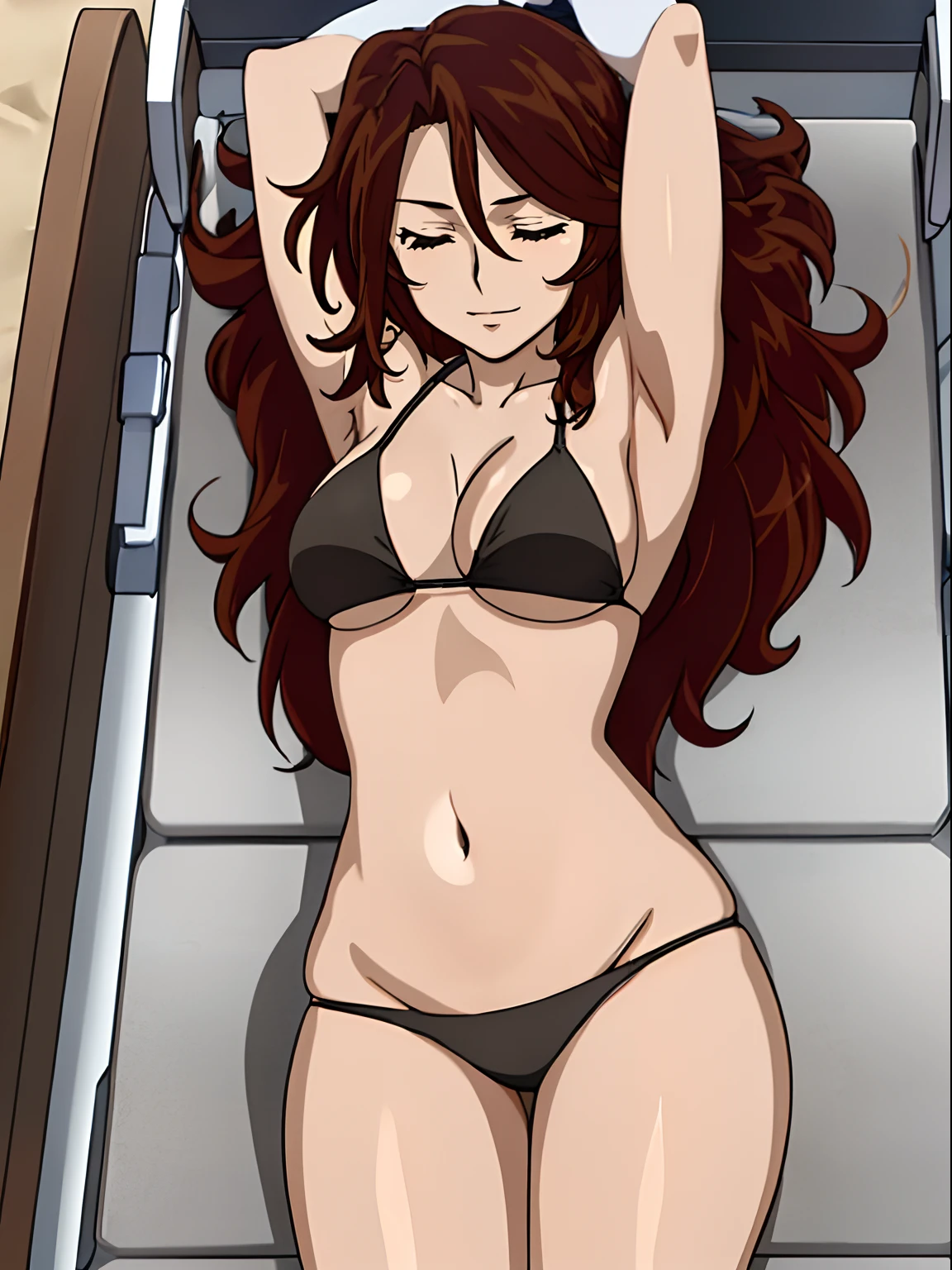 Elegant lady, anime style: 1.8, anime drawing, ultra detailed face, ultra detailed body, 4k, Sumergai Lee Noriega, ((sleeping down on medical stretcher, lying down on medical stretcher), closed eyes), best quality, anime style, hires, highest definition, digital blending, bold drawing lines, (location: beach, sunbathing), ( slim body, (little biceps), , off-shoulders, closed fists, (curvy: 2.8)), ((bikini , white gloves, armpit protector, (chaps))), victorious, winner, gentle, (pale skin, shiny skin, very big breasts, smile), (big eyes, brown eyes), (brown hair, loose hair), 27 years old,