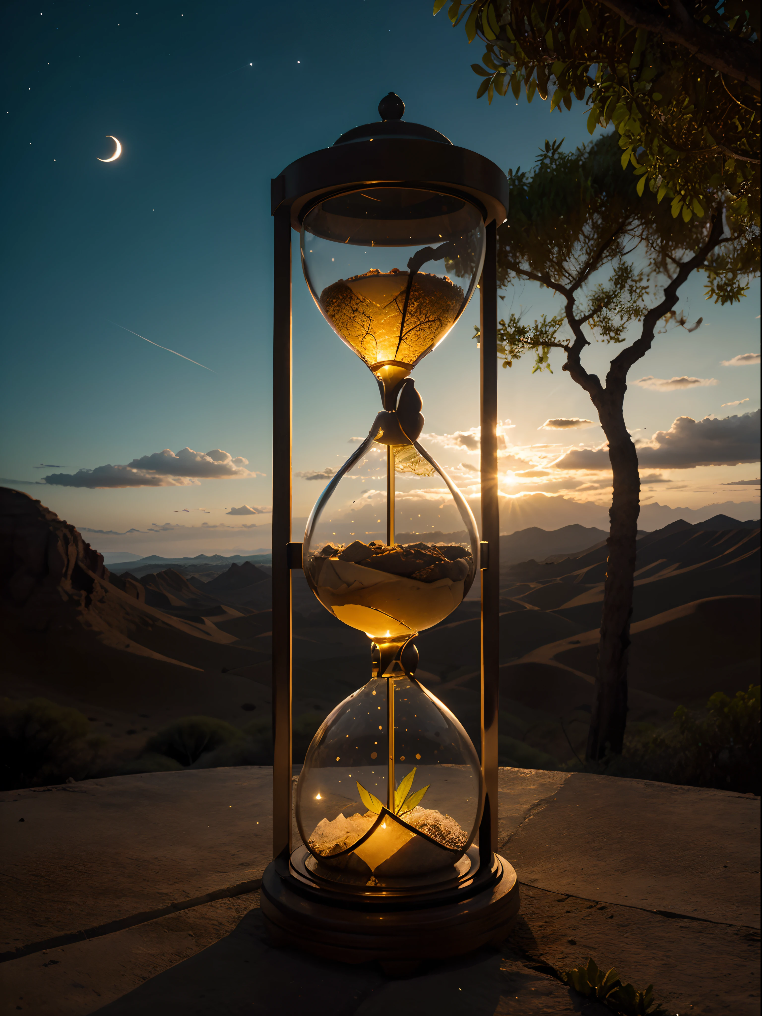 Ornate hourglass of time visually stunning contrast between light and darkness, representing life and death. Top half of hourglass is filled with sunli, vibrant landscape with lush  green fileds and a clear blue sky, bottom of hourglass filled with a moonlit, desolte terrain with barren trees and a starless night