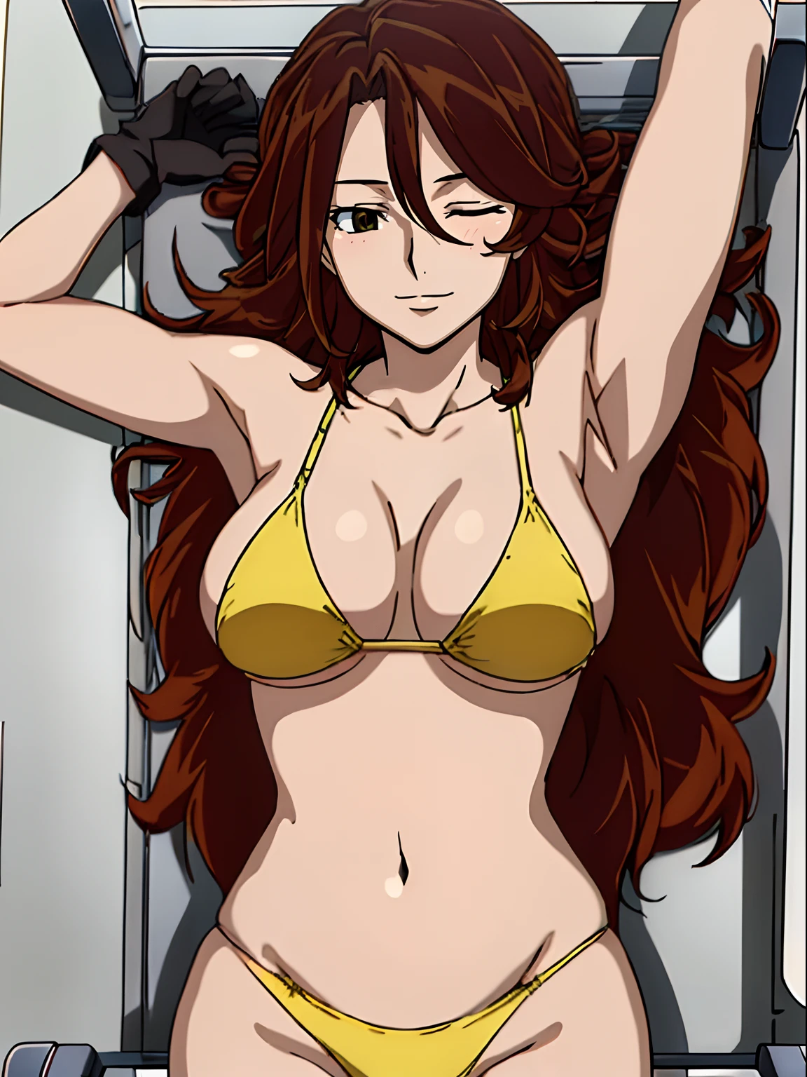 Elegant lady, anime style: 1.8, anime drawing, ultra detailed face, ultra detailed body, 4k, Sumergai Lee Noriega, ((sleeping down on medical stretcher, lying down on medical stretcher), closed eyes), best quality, anime style, hires, highest definition, digital blending, bold drawing lines, (location: beach, sunbathing), ( slim body, (little biceps), , off-shoulders, closed fists, (curvy: 2.8)), ((broken bikini , white gloves, armpit protector, (chaps))), victorious, winner, gentle, (pale skin, shiny skin, very big breasts, smile), (big eyes, brown eyes), (brown hair, loose hair), 27 years old,