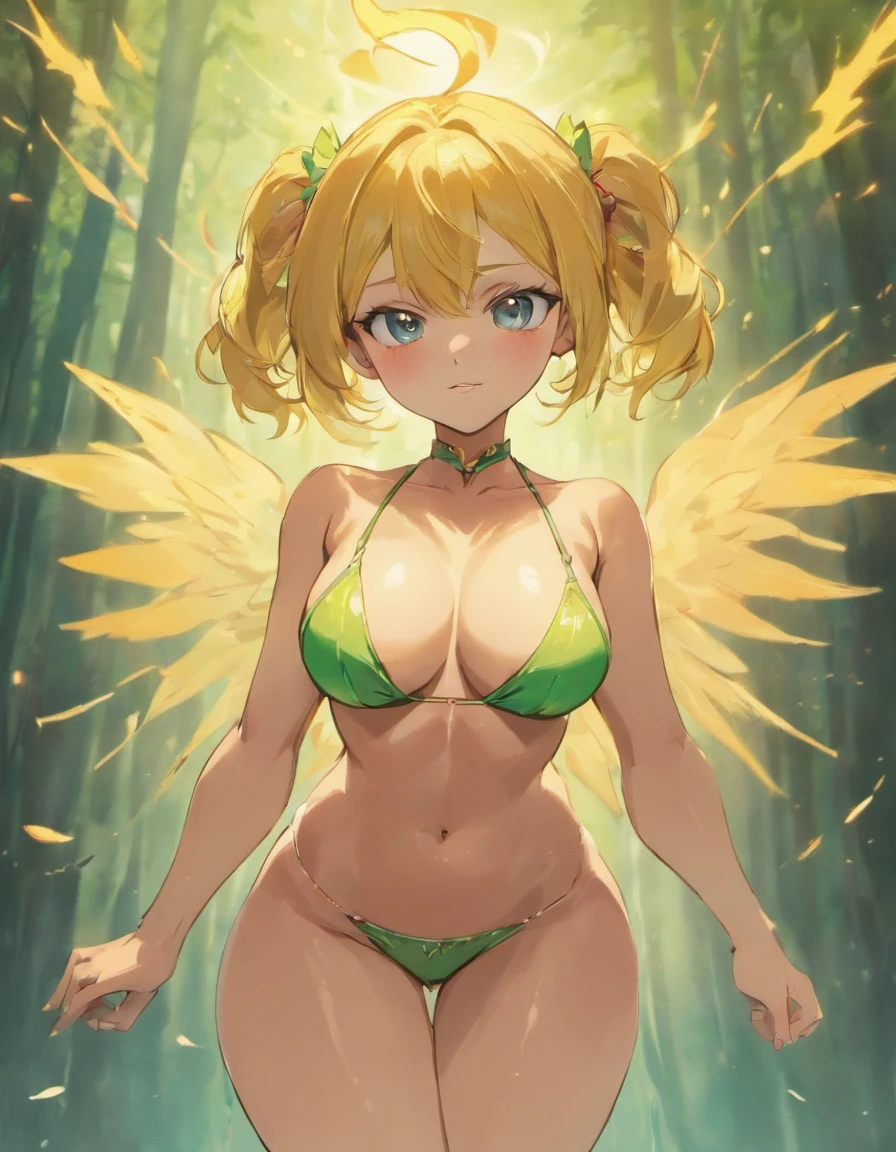 1girll, nabel, upper legs, bare shoulders, forest backgrou, Costume references《the original god》Character Shin He, ssmile, Bigchest, big assa (tmasterpiece, high high quality: 1.1), perfect eyes, Perfect sexy face, Voluptious body, ultra - detailed, Cameltoe avantajado, Large of breast, Pose, ,bodybuilder, beautiful face, Serious face, perfect eyes, perfect bodies, Healthy body, detailed body structure, all parts are clearly visible, dynamicposes, Tiny micro bikini, Dynamic background, Faire