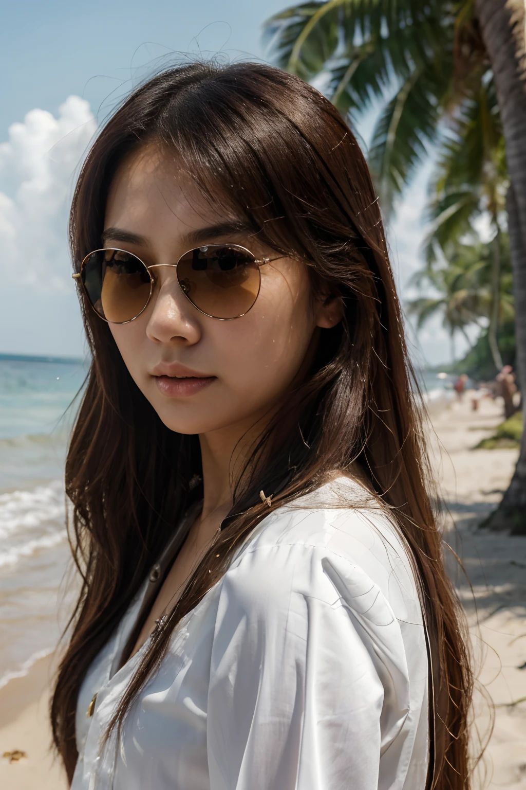 (masterpiece, best quality, ultra high res, beautiful detailed hair detailed face, perfect feminine face), there is a woman with long hair and a white blouse wearing sunglasses, an asian woman, asian girl, a young asian woman, south east asian with round face, asian female, beautiful asian girl, beach background