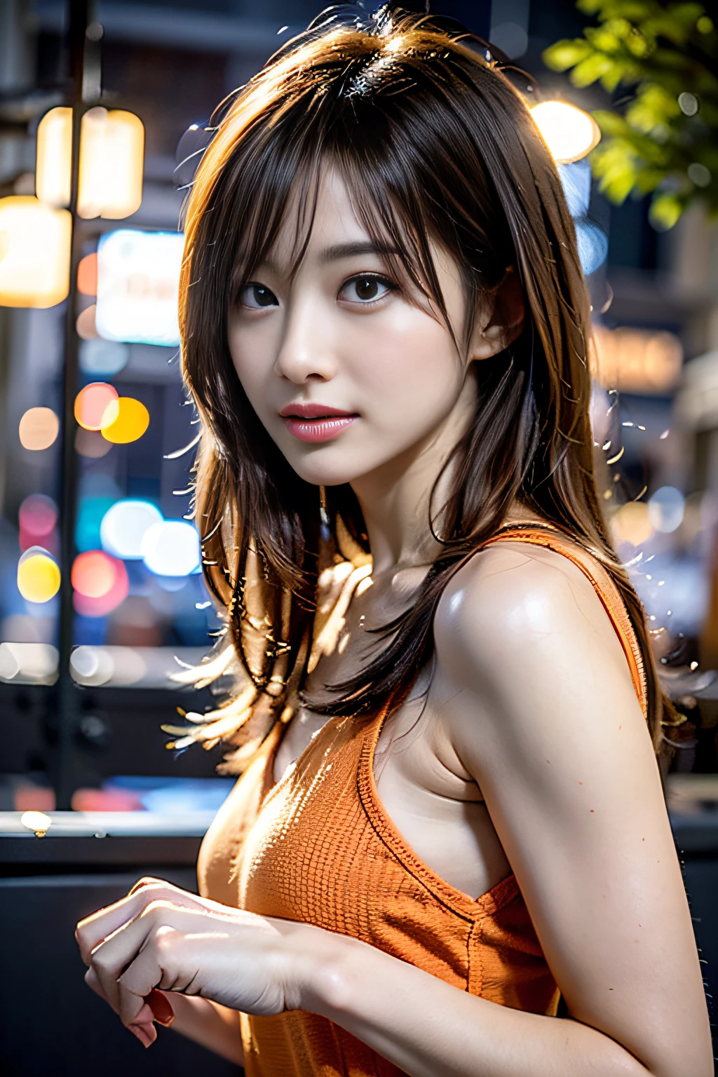 High resolution,Detailed Background, Cinema Lighting, Outdoor,Japan 1 girl,Cute fine face, Medium Hair, Mecha, Bodysuits,Half naked,