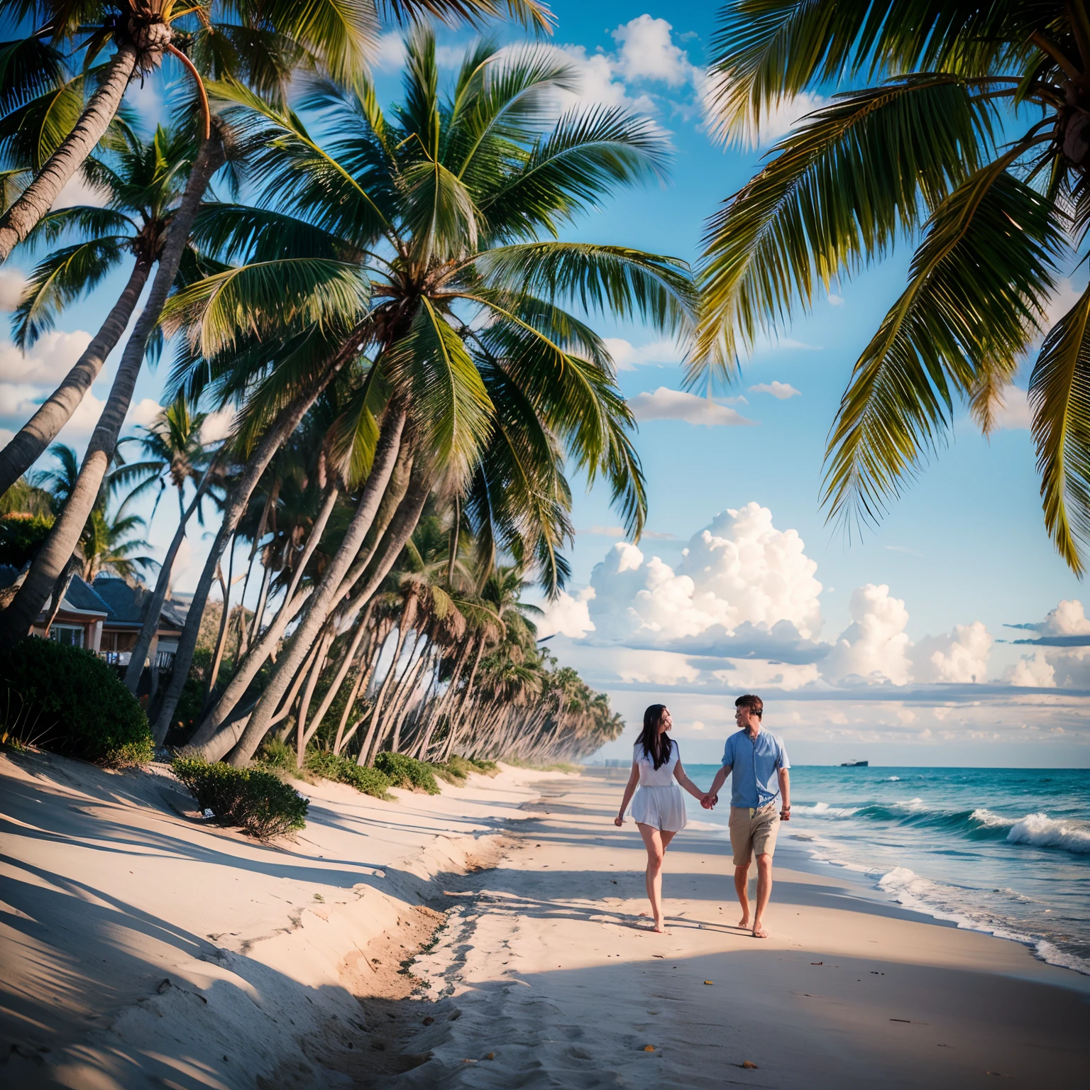 (best quality,highres,ultra-detailed:1.2), A lover walking on the beach, glowing waves, dogs playing together, beach background (realistic:1.37), golden sand, clear blue sky, gentle breeze (HDR), vibrant colors, sun setting on the horizon (vivid colors), lover's footprints on the sand, seashells scattered along the shoreline, distant sailboats on the calm sea, seagulls flying overhead, palm trees swaying in the wind, lovers holding hands, laughter in the air, joyful atmosphere, peaceful and romantic scene, soft natural lighting, warm and inviting ambiance,dogs are playing.