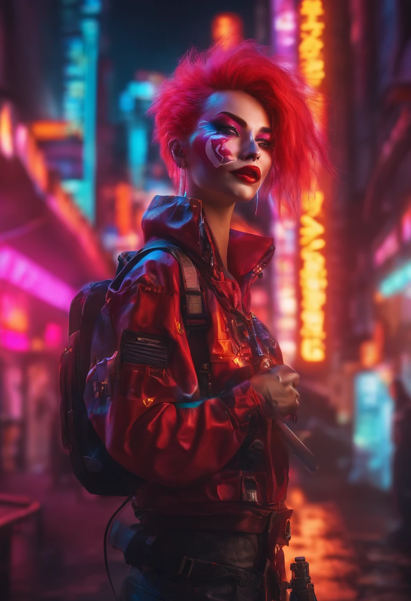 neons、Female clown、red hairs、Holding a syringe in your right hand、Laughing、Teardrop mark makeup
