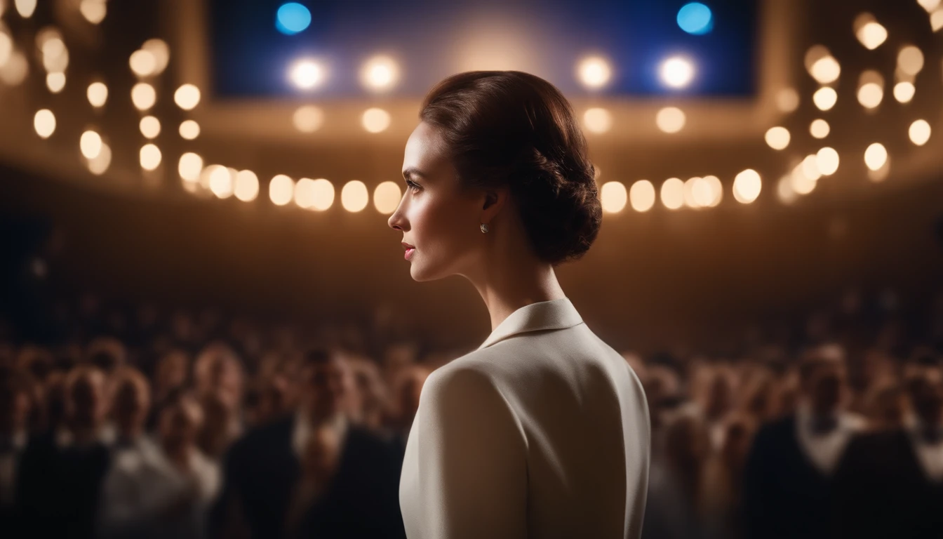A handsome woman, short brown short hair, wearing a decent light colored suit, standing on stage. In the background, there is a crowd in blue shining lights. The crowd is blurred slightly. The woman's face is not visible. The woman's stands with back to the camera. Must see the back of the woman no face. The woman is speaking to the crowd. The woman holds a confident pose with arms open. The lighting is cinematic, creating a dramatic atmosphere. The surrealism element adds a touch of mystery to the scene. TThe image is of the highest quality, with ultra-fine painting details and vivid colors. The overall style of the artwork is realistic and photorealistic,. The image shows the full back side of the woman who is speaking to the crowd.