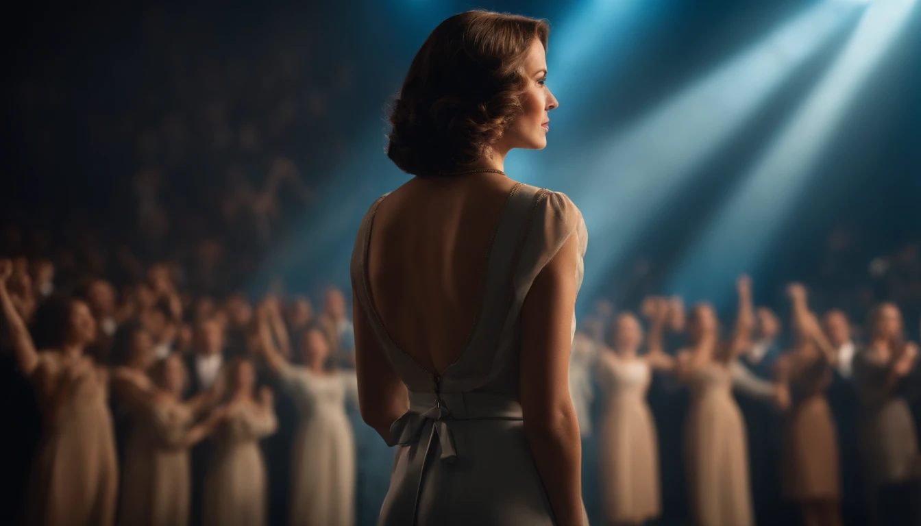 A handsome woman, short brown short hair, wearing a decent light colored suit, standing on stage. In the background, there is a crowd in blue shining lights. The crowd is blurred slightly. The woman's face is not visible. The woman's stands with back to the camera. Must see the back of the woman no face. The woman is speaking to the crowd. The woman holds a confident pose with arms open. The lighting is cinematic, creating a dramatic atmosphere. The surrealism element adds a touch of mystery to the scene. TThe image is of the highest quality, with ultra-fine painting details and vivid colors. The overall style of the artwork is realistic and photorealistic,. The image shows the full back side of the woman who is speaking to the crowd.