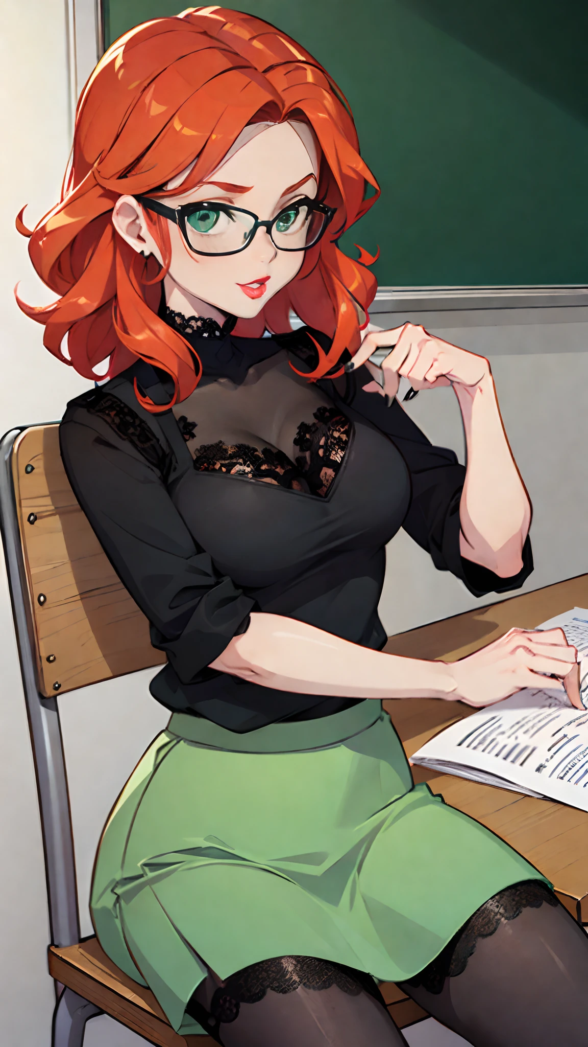 russian school teacher, russian beauty:1.1, adult 40 years old, (teacher uniform), (green trendy skirt:1.5), (black lace top:1.5), (black pantyhose 40 den), (accessories, glasses), (red hair), (curly hair:0.8), (burgundy lipstick), (small breasts:0.2), chubby:0.6, beautiful face, (seductively sits by the table, only tease), (best quality, ultra detailed, illustration), (highly textured:1.2)