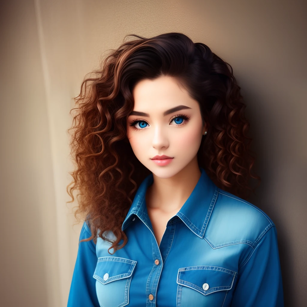 Petite short woman 28 long curly brown hair. Denim button up and black leggings. Bright blue eyes