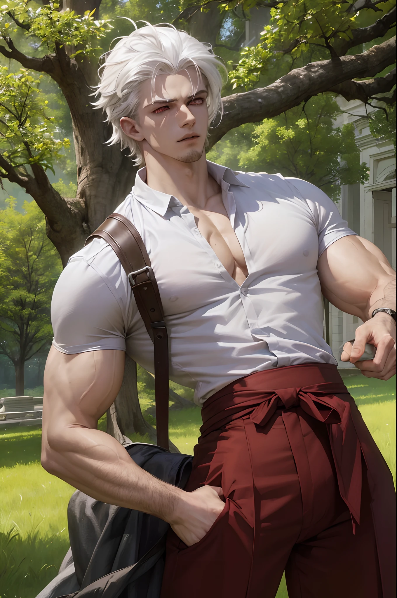 1boy, white hair, red eyes, muscular body, Lean but muscular body, athletic body, sharp teeth, buttoned cloth shirt, cloth pants, highres, masterpiece, Sleeping in the shade of a shady tree, green grass, fighter, Hands with bandanas, Scarred body, short hair, goatee, Rune tattoo on the body