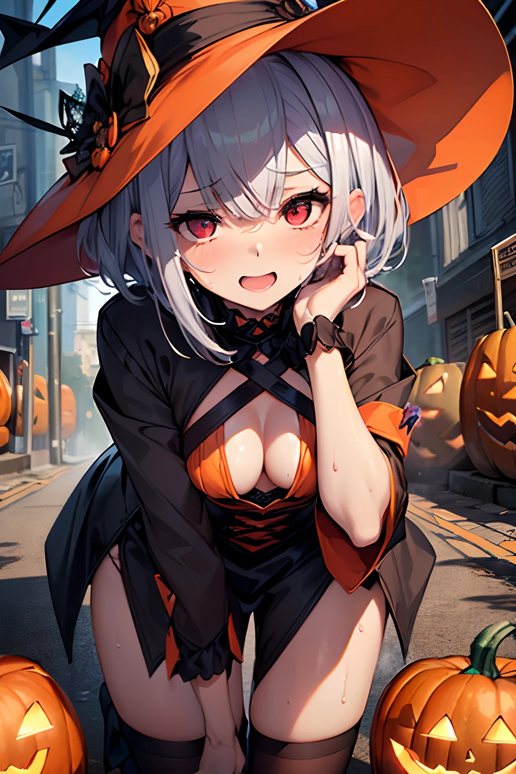 top-quality、Top image quality、in 8K,4K,masterpiece、ultra-detailliert、Beautiful、ultra-quality、NSFW,((1man with 1woman,Having sex)), cute little、girl with(((18year old、Halloween Costumes:1.5、the witch、Bust 78、silber hair、a short bob、Red Eyes、Skin shining with sweat、、erotick:1.4、Happiness)))、hiquality、visualart、Background with((Halloween:1.2))、masutepiece