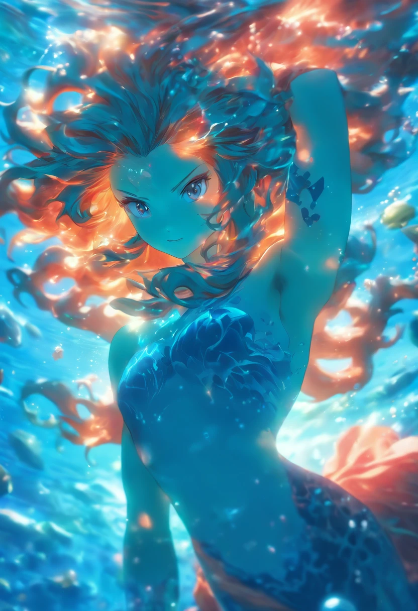 (best quality,4k,highres,masterpiece:1.2),ultra-detailed,(realistic,photorealistic,photo-realistic:1.37),female water elemental,water flesh,water composition,coral surroundings,iridescent colors,aqua lighting,fantasy style,surreal,ethereal,reflection,flowing movement,translucent,serene expression,liquid form,magical atmosphere,underwater scene,detail-rich scales,glistening droplets,floating hair,breathtaking beauty,graceful pose,tranquil background,deep sea,seaweed tendrils,soft glows,subtle shadows,gentle waves,sea pearls,submerged statues,hidden treasures,otherworldly,enchanted,secrets of the depths,peaceful ambiance