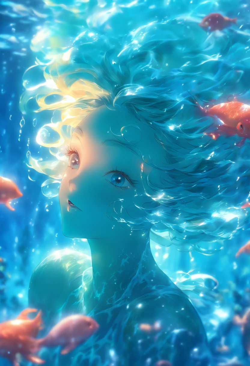 (best quality,4k,highres,masterpiece:1.2),ultra-detailed,(realistic,photorealistic,photo-realistic:1.37),female water elemental,water flesh,water composition,coral surroundings,iridescent colors,aqua lighting,fantasy style,surreal,ethereal,reflection,flowing movement,translucent,serene expression,liquid form,magical atmosphere,underwater scene,detail-rich scales,glistening droplets,floating hair,breathtaking beauty,graceful pose,tranquil background,deep sea,seaweed tendrils,soft glows,subtle shadows,gentle waves,sea pearls,submerged statues,hidden treasures,otherworldly,enchanted,secrets of the depths,peaceful ambiance