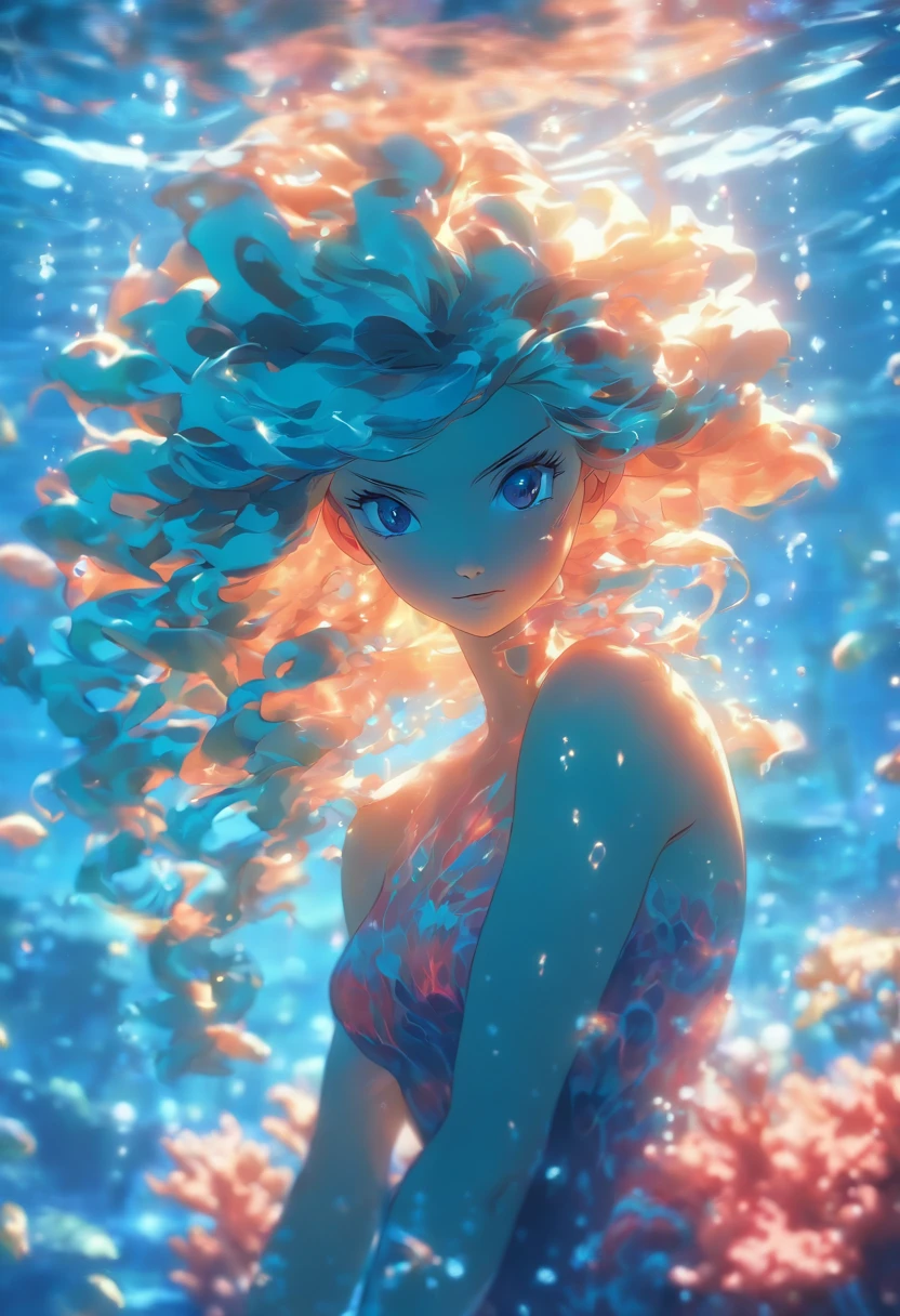(best quality,4k,highres,masterpiece:1.2),ultra-detailed,(realistic,photorealistic,photo-realistic:1.37),female water elemental,water flesh,water composition,coral surroundings,iridescent colors,aqua lighting,fantasy style,surreal,ethereal,reflection,flowing movement,translucent,serene expression,liquid form,magical atmosphere,underwater scene,detail-rich scales,glistening droplets,floating hair,breathtaking beauty,graceful pose,tranquil background,deep sea,seaweed tendrils,soft glows,subtle shadows,gentle waves,sea pearls,submerged statues,hidden treasures,otherworldly,enchanted,secrets of the depths,peaceful ambiance