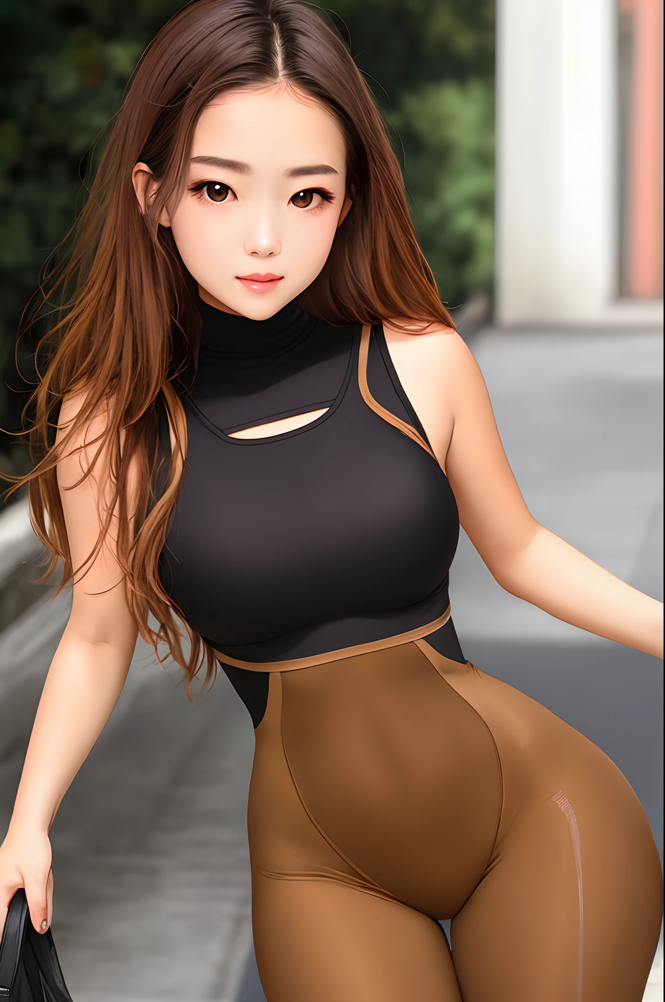A beautiful girl with an oval face, big eyes, a prominent nose, a chest-shaped mouth, slightly oily facial skin, like a real person, wearing a brown bodysuit to go exercise.