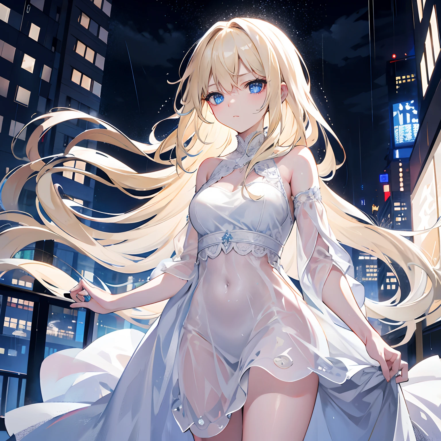 A woman in her twenties,Long blonde hair,eBlue eyes,The look sad,Night City,Rainstorms,White conservative long dress