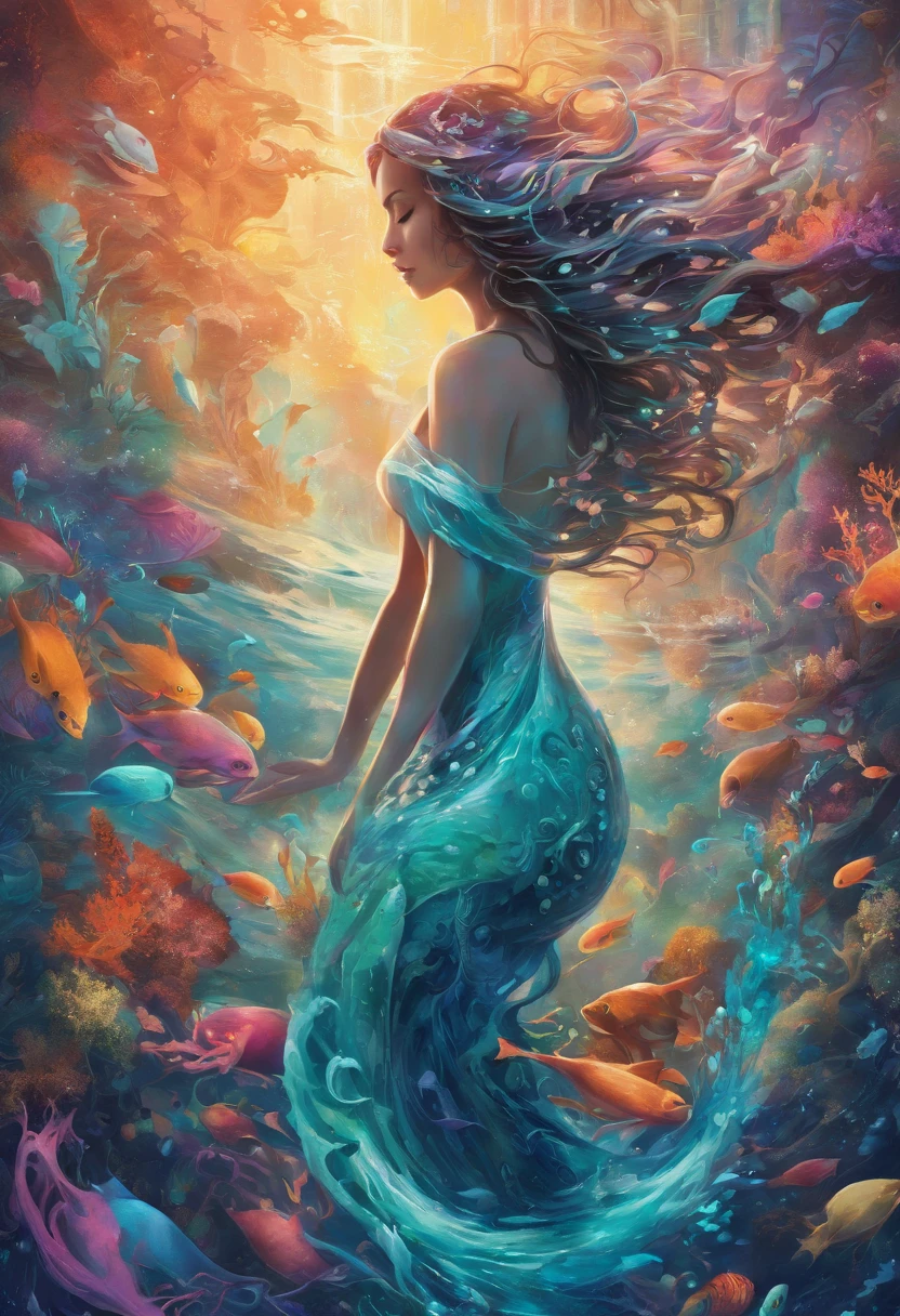 (best quality,4k,highres,masterpiece:1.2),ultra-detailed,(realistic,photorealistic,photo-realistic:1.37),female water elemental,water flesh,water composition,coral surroundings,iridescent colors,aqua lighting,fantasy style,surreal,ethereal,reflection,flowing movement,translucent,serene expression,liquid form,magical atmosphere,underwater scene,detail-rich scales,glistening droplets,floating hair,breathtaking beauty,graceful pose,tranquil background,deep sea,seaweed tendrils,soft glows,subtle shadows,gentle waves,sea pearls,submerged statues,hidden treasures,otherworldly,enchanted,secrets of the depths,peaceful ambiance