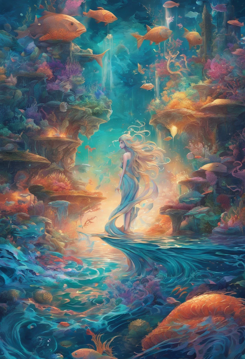 (best quality,4k,highres,masterpiece:1.2),ultra-detailed,(realistic,photorealistic,photo-realistic:1.37),female water elemental,water flesh,water composition,coral surroundings,iridescent colors,aqua lighting,fantasy style,surreal,ethereal,reflection,flowing movement,translucent,serene expression,liquid form,magical atmosphere,underwater scene,detail-rich scales,glistening droplets,floating hair,breathtaking beauty,graceful pose,tranquil background,deep sea,seaweed tendrils,soft glows,subtle shadows,gentle waves,sea pearls,submerged statues,hidden treasures,otherworldly,enchanted,secrets of the depths,peaceful ambiance