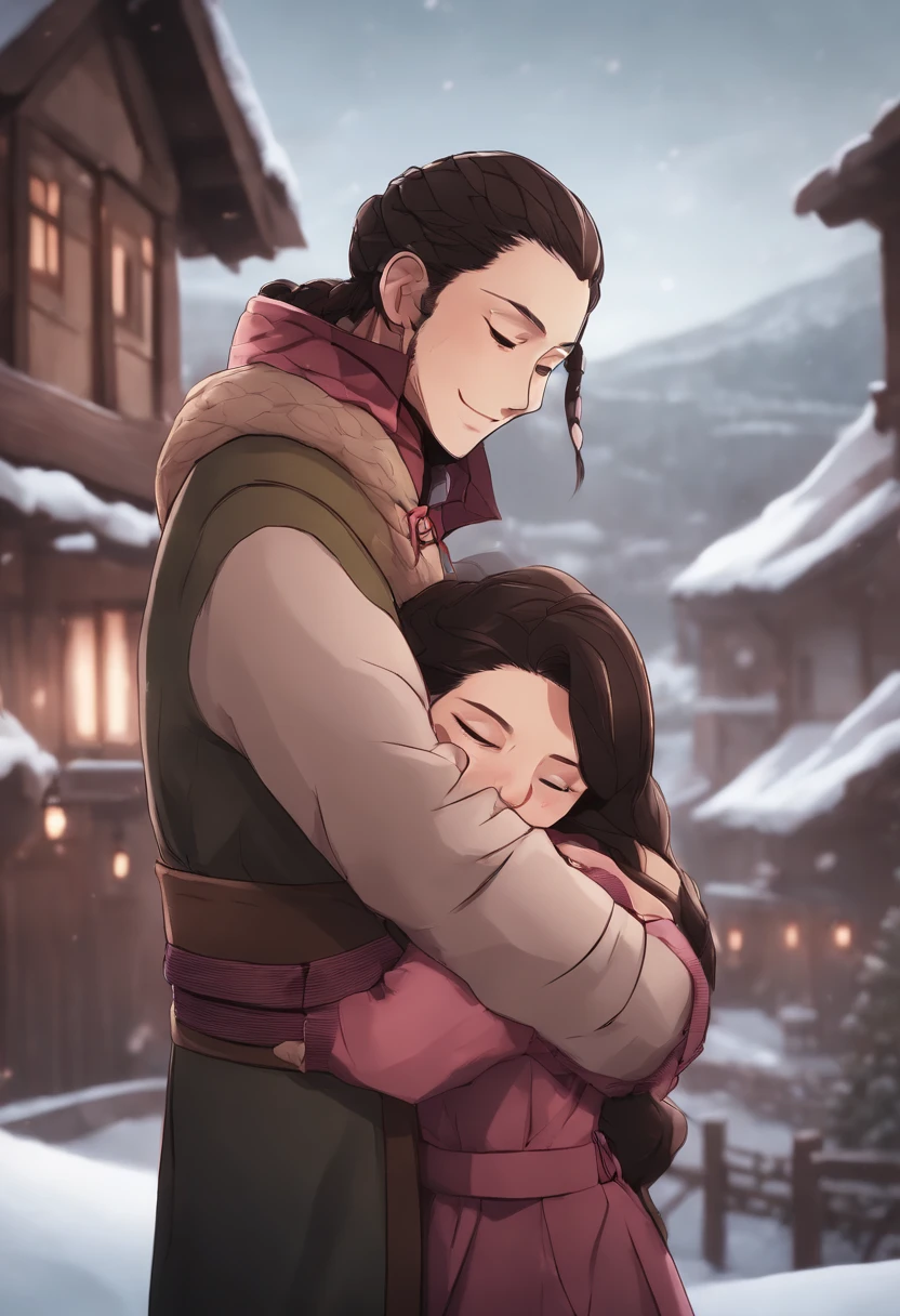 nezuko from demon slayer hugging her brother while the background is a winter themed village