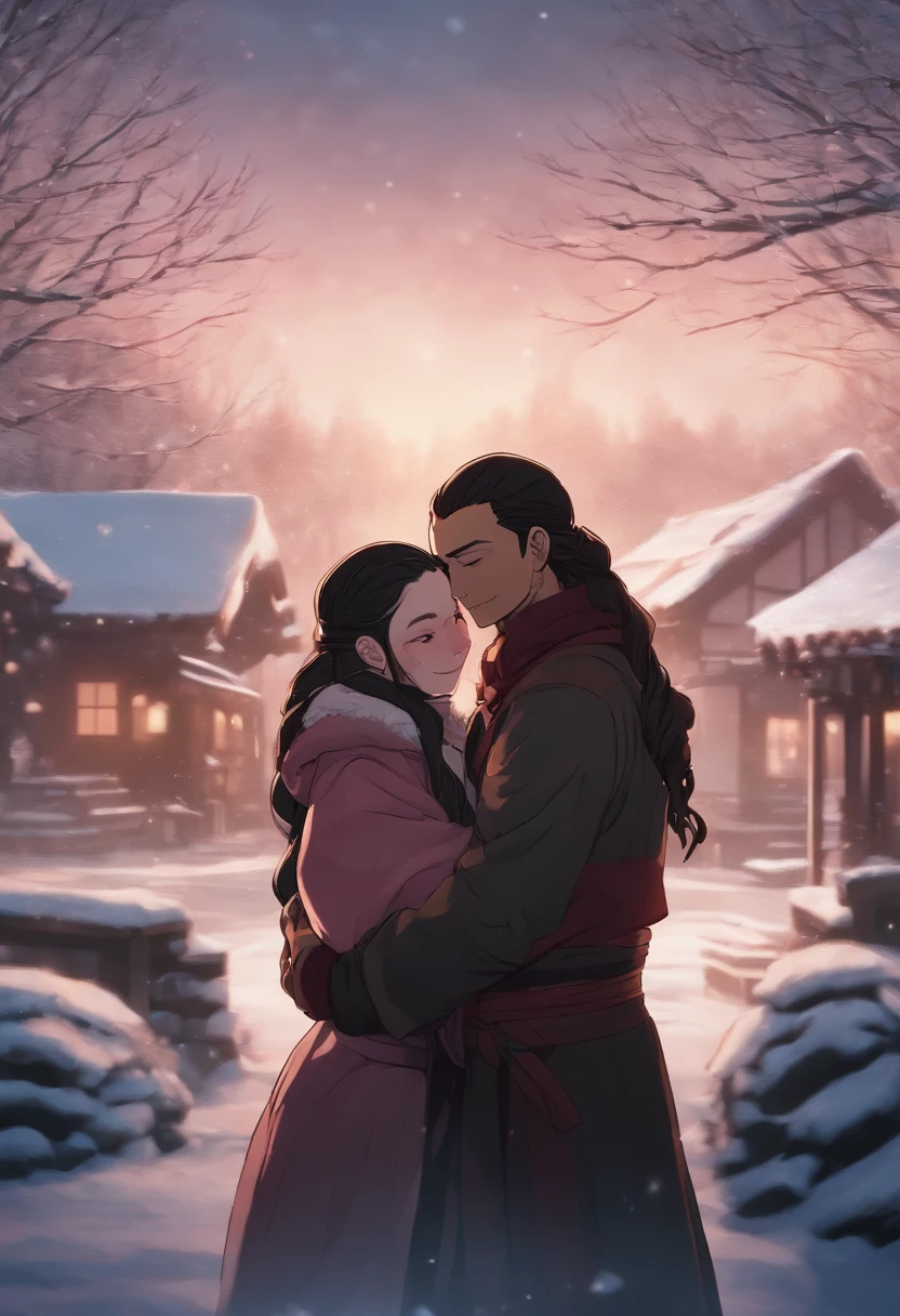 nezuko from demon slayer hugging her brother while the background is a winter themed village