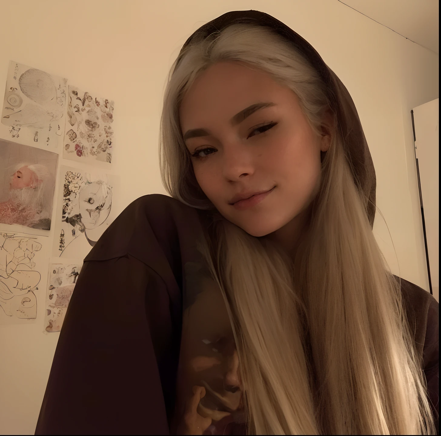 blond woman with long hair and a brown hoodie posing for a picture, perfect white haired girl, her hair is white, white-hair pretty face, profile pic, straight grey hair, 8K, Top Quality, Intricate Details, Ultra Detail, Ultra High Resolution, Cinematic, Photorealistic, Perfect, Perfect skin, Perfect face, Perfect body, Masterpiece, Art, Beauty