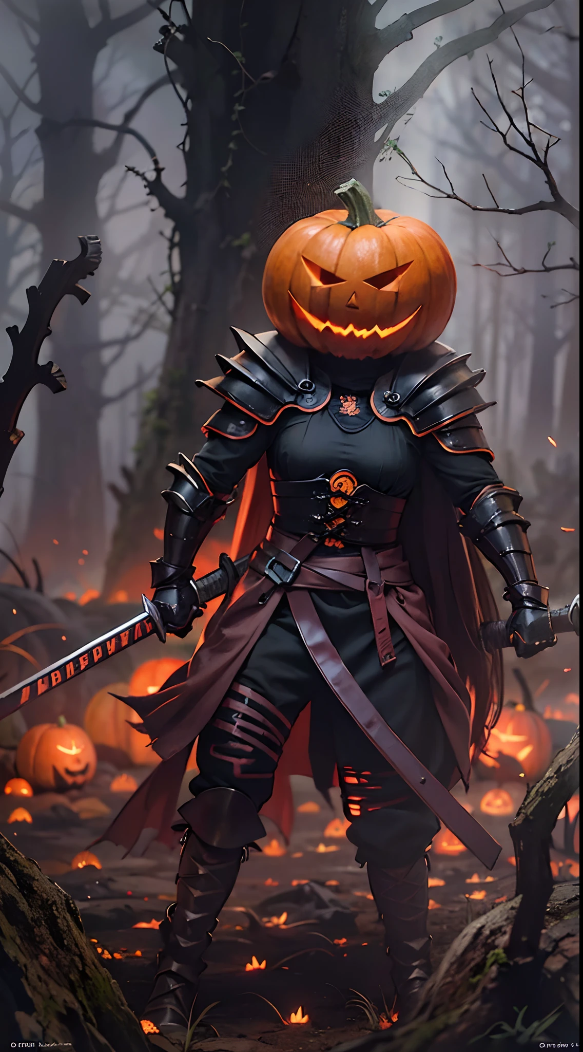 (Best quality,4K,A high resolution,Masterpiece:1.2),Ultra-detailed,Realistic,Fearsome pumpkin-headed warriors,Halloween costumes,Glowing orange eyes,Sharp,pointy teeth,Black armor carved with a pumpkin pattern,smoke-filled battlefield,Moonlit Night,ominous skies,Spooky shadows,creepy atmosphera,(Blood splattered),Menacing presence,Warriors pose with katanas,Fallen leaves hover in the air,fog atmosphere,Spooky forest background,dark palette,Subtle orange and red,hauntingly beautiful.