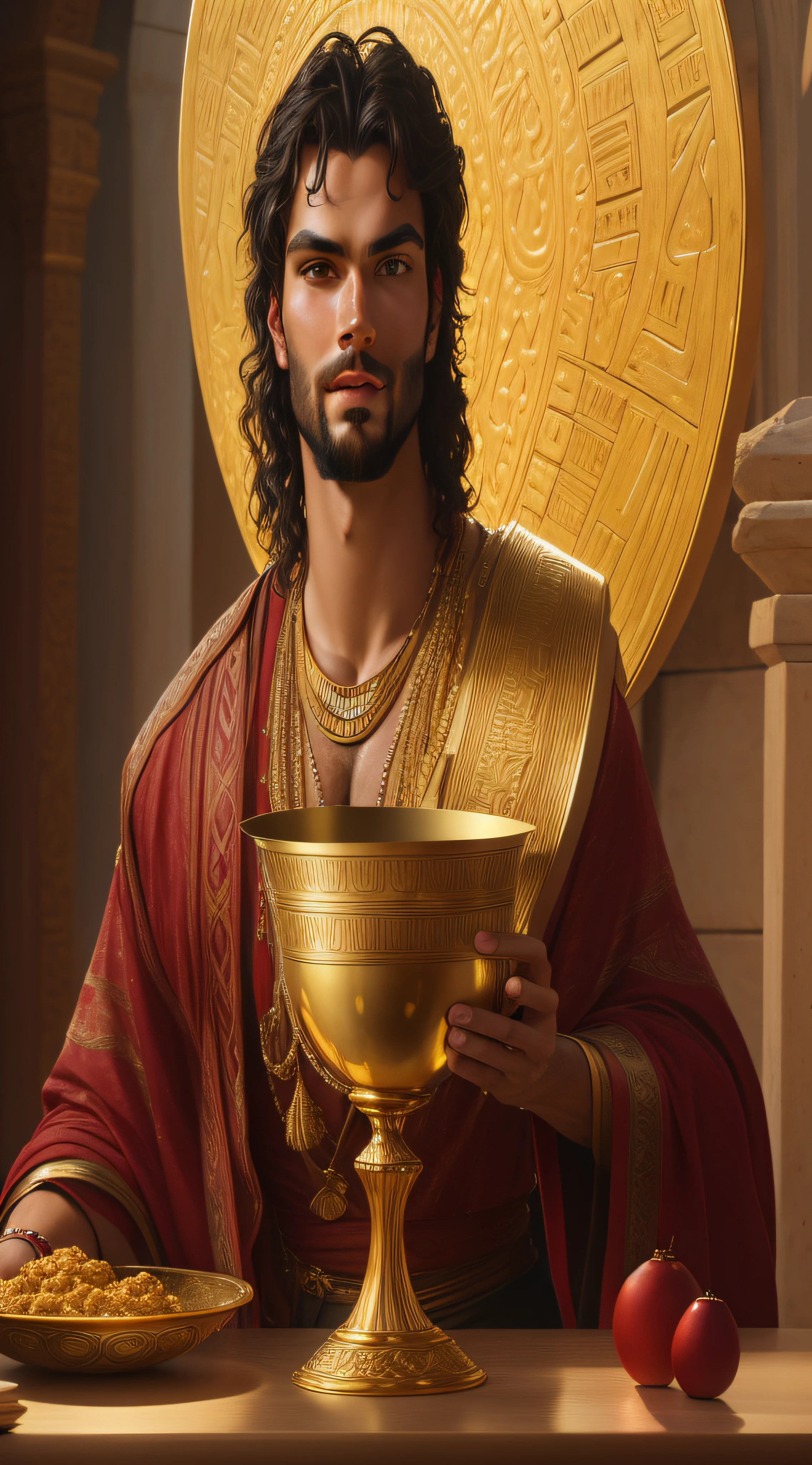 a close up of a man holding a golden bowl near a bowl of food, handsome prince of persia, prince of egypt, the greek god of wine, jason momoa as assyrian, kramskoi 4 k, brown skin man egyptian prince, aladdin, biblical epic movie, henry cavill as a greek god, by Alexandre Cabanel, greek god