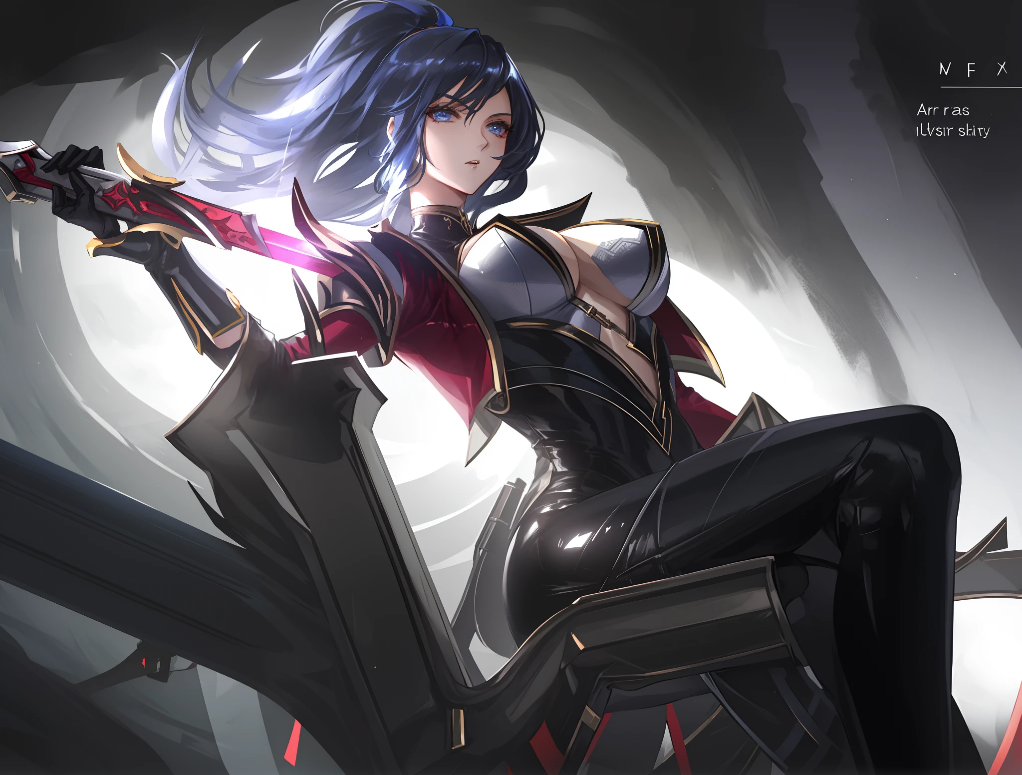 Arad woman in futuristic costume holding a sword, Elegant body,Sexy girl, posing elegantly, revealing outfit, leather clothes,tight leather pants,cleavage, giant stunning goddess shot, tmasterpiece,best qualtiy,The figure of the model,big assa,extremely giant breasts,Super detailed face,Detailed eyes。