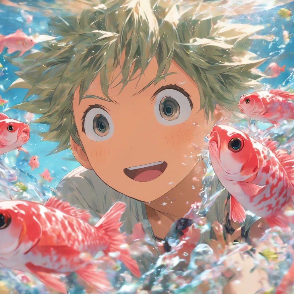 (Best Quality,4K,8K,hight resolution,masutepiece:1.2),Ultra-detailed, Inside the glass case、It contains a cute pink fish and one swimming frog,with short gray hair,,A gentle breeze cracks the lid,A little boy is holding a glass cover in his hand,Leaning your face against the glass cover、Staring at the pink fish,Sandy beach in the background,the background is blurred,