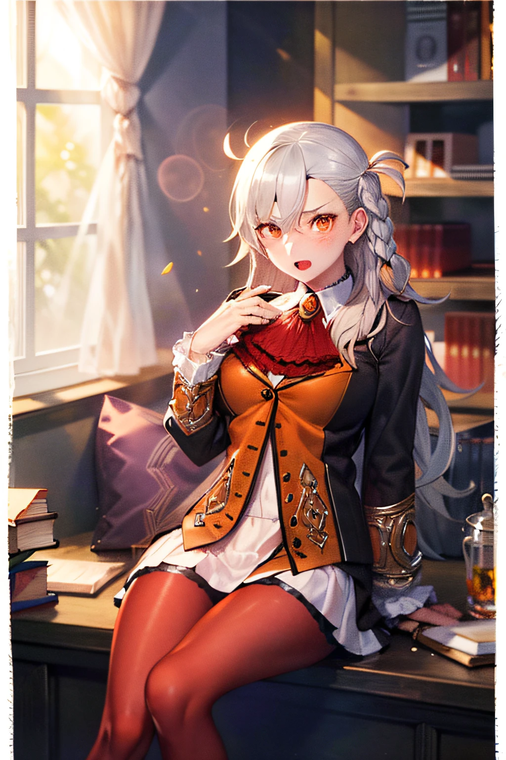 ((masterpiece, best quality, high resolution)), Default, OfficialOutfit, 1girl, book, solo, sitting, book stack, open mouth, looking at viewer, breasts, open book, blush