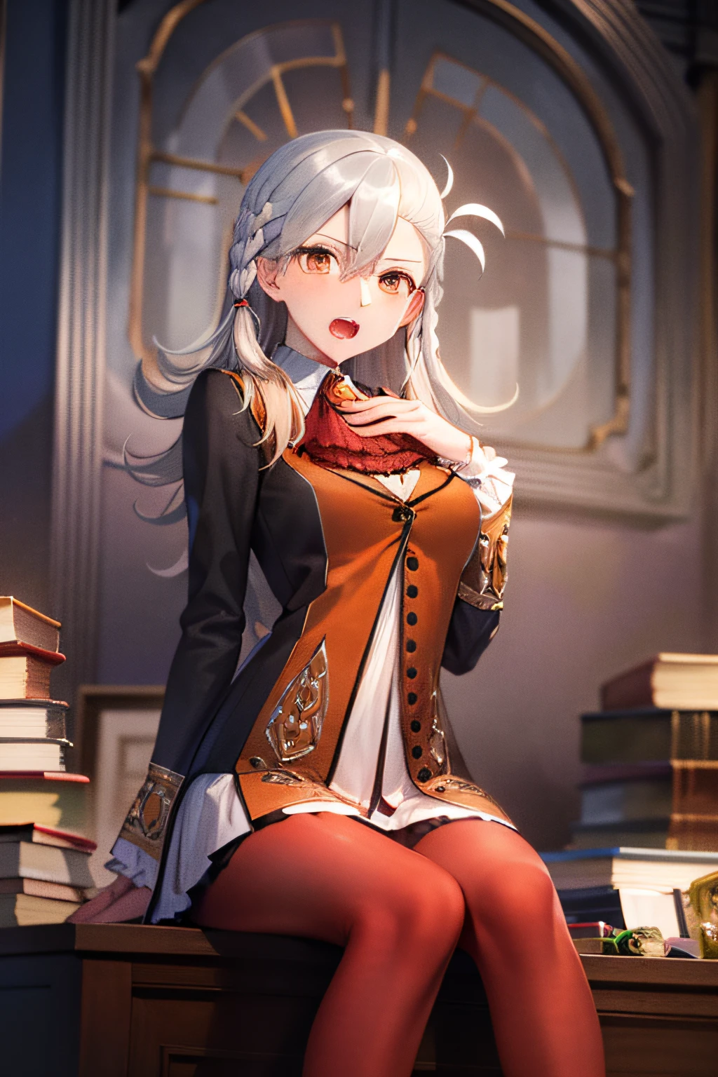 ((masterpiece, best quality, high resolution)), Default, OfficialOutfit, 1girl, book, solo, sitting, book stack, open mouth, looking at viewer, breasts, open book, blush