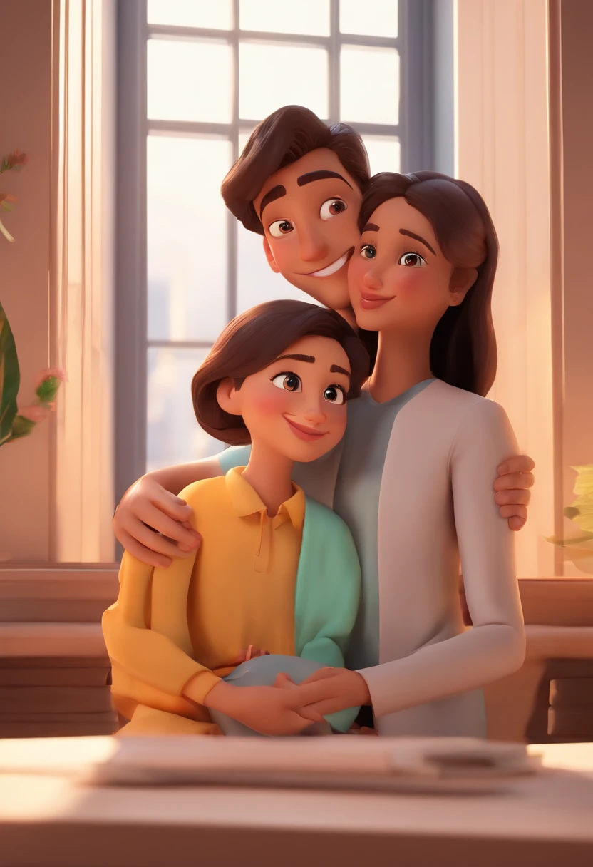 An illustration of an adorable couple, destacando um homem e uma mulher com bonito, Expressive eyes - the man's skin is white and the man's hair is straight and black, while the woman's skin is white and the woman's wear brown hijab. They are a bright room. Illustrate this scene from a perspective where they are facing the camera, Smiling and Showing Your Connection. Full HD, Focus on your cinematic touch, Disney Pixar Animations