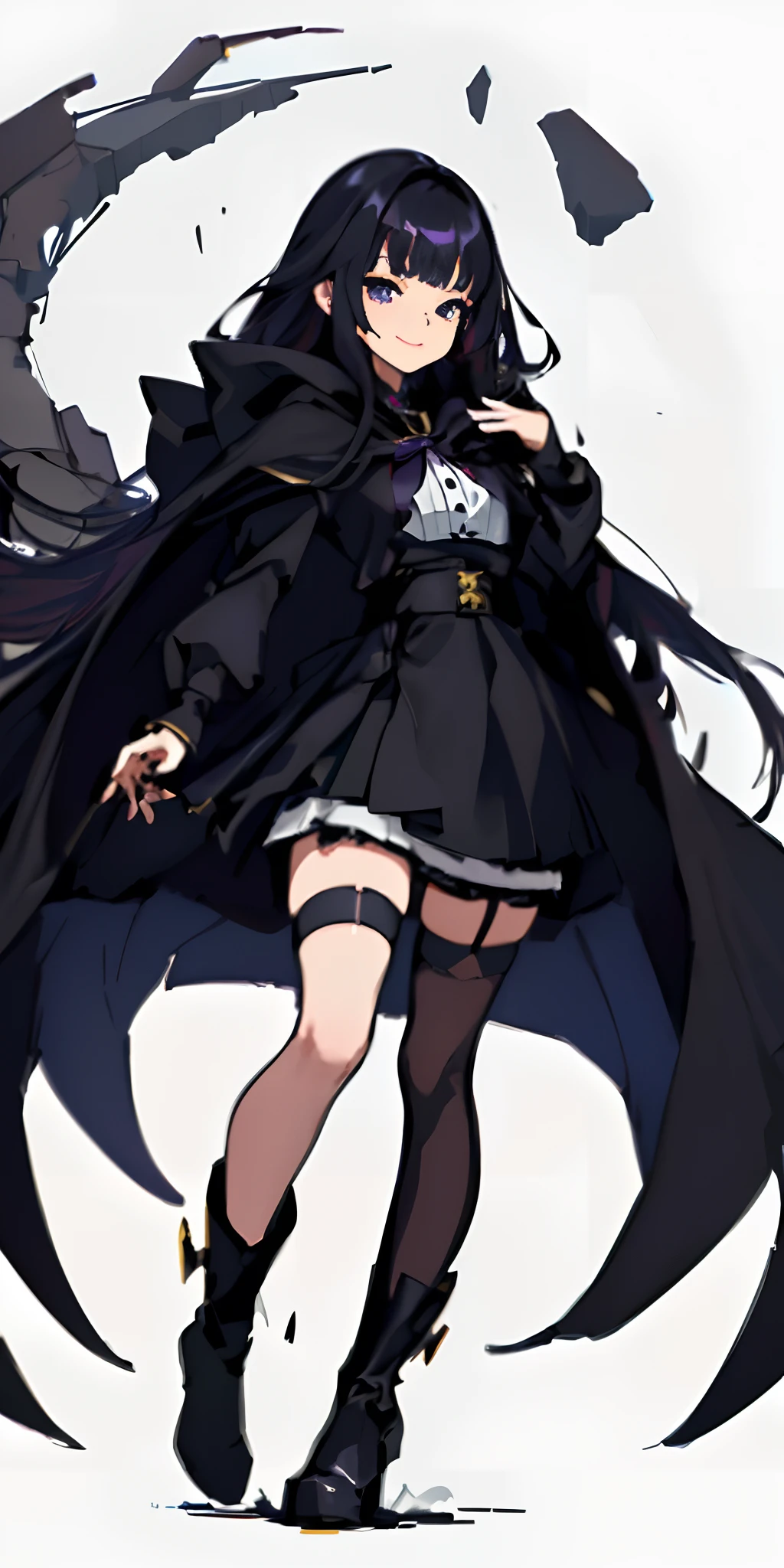 Ultra-detailed, illustration, （schoolgirls,:1.5), (fantasy:1.4), (Pitch-black eyes:1.2),(Glowing eyes:1.233),(Beautiful and detailed eyes:1.1),(Dark hair:1.14),8K, 8K wallpaper, (Extremely Delicately Beautiful:1.1), (美丽细致的眼睛:1.3)，(Messy hair,Very long hair,：0.85],(Detail fingers),Dark gray cloak，Exposed skirt，，teens girl，Gothololita，Black mud flowed from his hands to the ground，A contemptuous smile，Suspender stockings，Boots，Ordinary humans，He had an hourglass around his waist，purpleish color，Background of the ruins，misseve