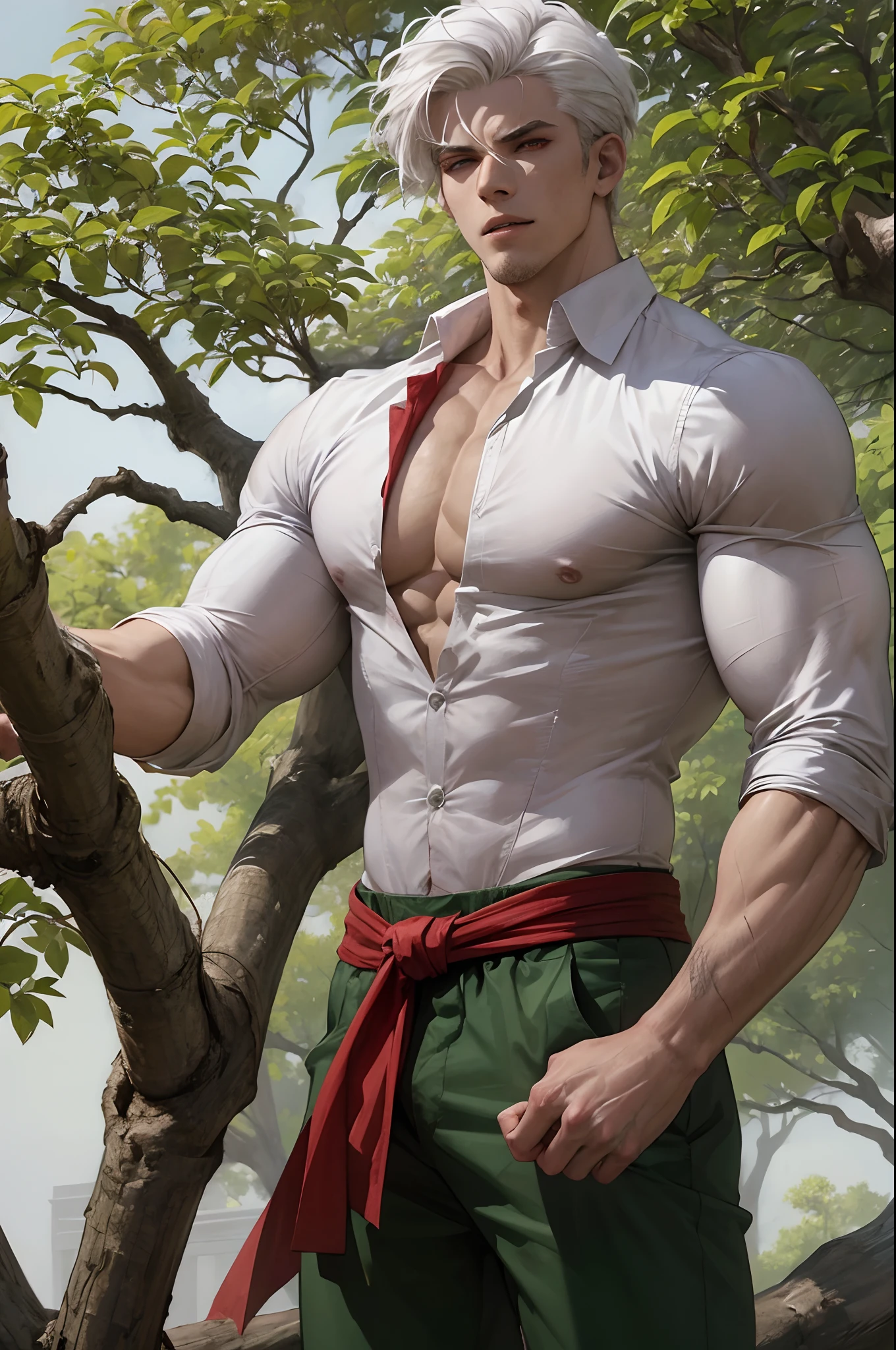 1boy, white hair, red eyes, muscular body, Lean but muscular body, athletic body, sharp teeth, buttoned cloth shirt, cloth pants, highres, masterpiece, resting in the shade of a shady tree, green grass, fighter, Hands with bandanas, Scarred body, short hair, goatee, Rune tattoo on the body