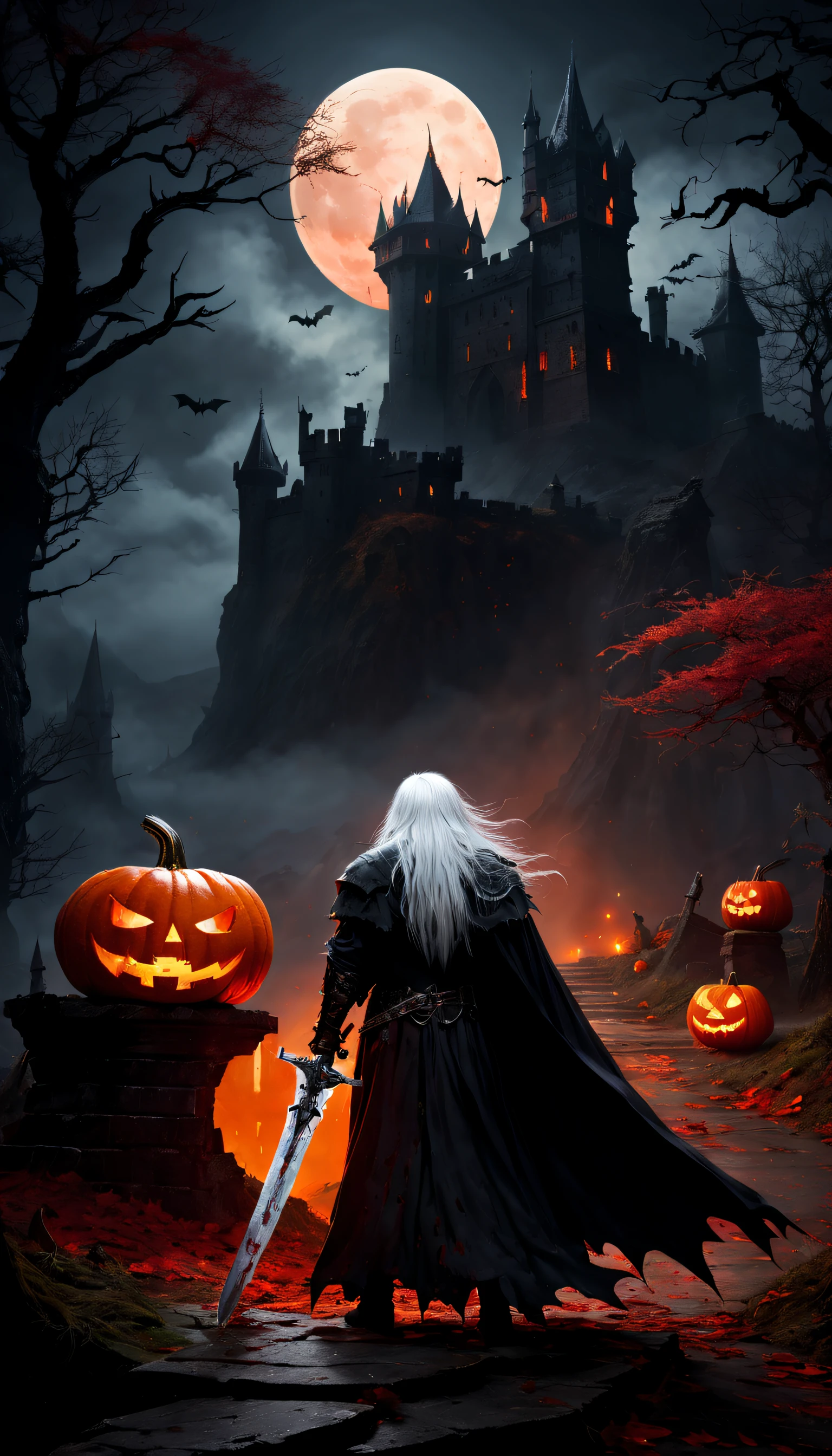 Terrible Spirit Knight,Holding a menacing sword,Draped in a black, torn robe,Long white hair,luminous red eyes,Intimidating presence,((Blood splattered)),Dark and mysterious,Twisted branches,The mist rolled in,The red moon illuminates the scene,(Dimly lit castle),Old stone building,A lonely path that leads to the entrance to the castle,(Pumpkin head:1.3),dark palette,Subtle orange and red,Crumbling tombstones,Remote location,mystical aura,(the bats:1.1),Bats fly overhead,(black cats:1.1),hauntingly beautiful.(Best quality,4K,A high resolution,Masterpiece:1.2),Ultra-detailed,Realistic