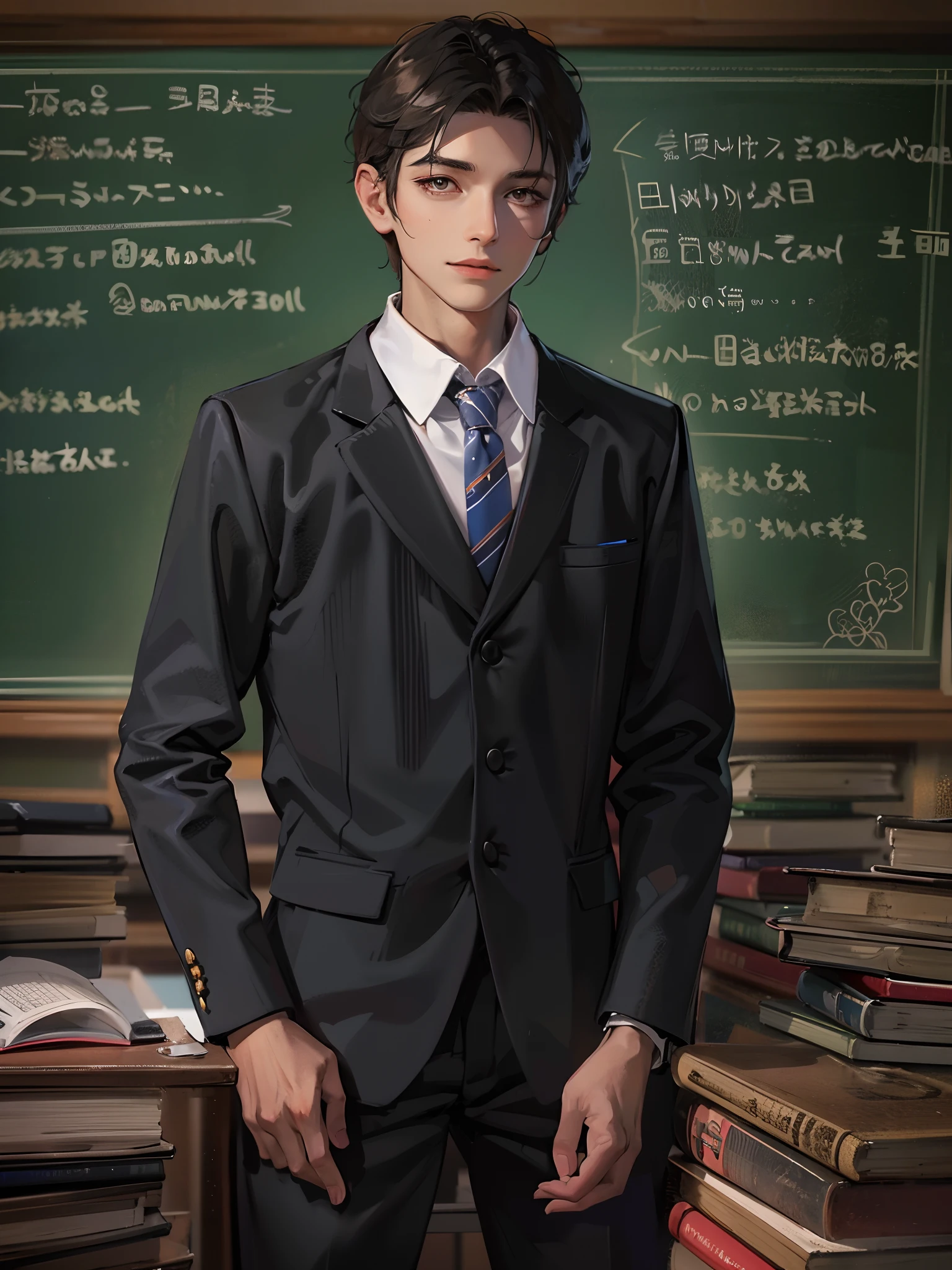 Young male teacher, Dress neatly, Professional clothing, Well organized impression, youthfulenergy, Smooth skin, Bright eyes, Gentle and confident expression, Straight waist, Tall and confident, An air of tenacity and determination, Determined gaze, ssmile, Passion and dedication，Chalk in your hand，blackboards，A group of students sat under the classroom podium，tmasterpiece，Best quality at best，4K，8K，high qulity，A high resolution