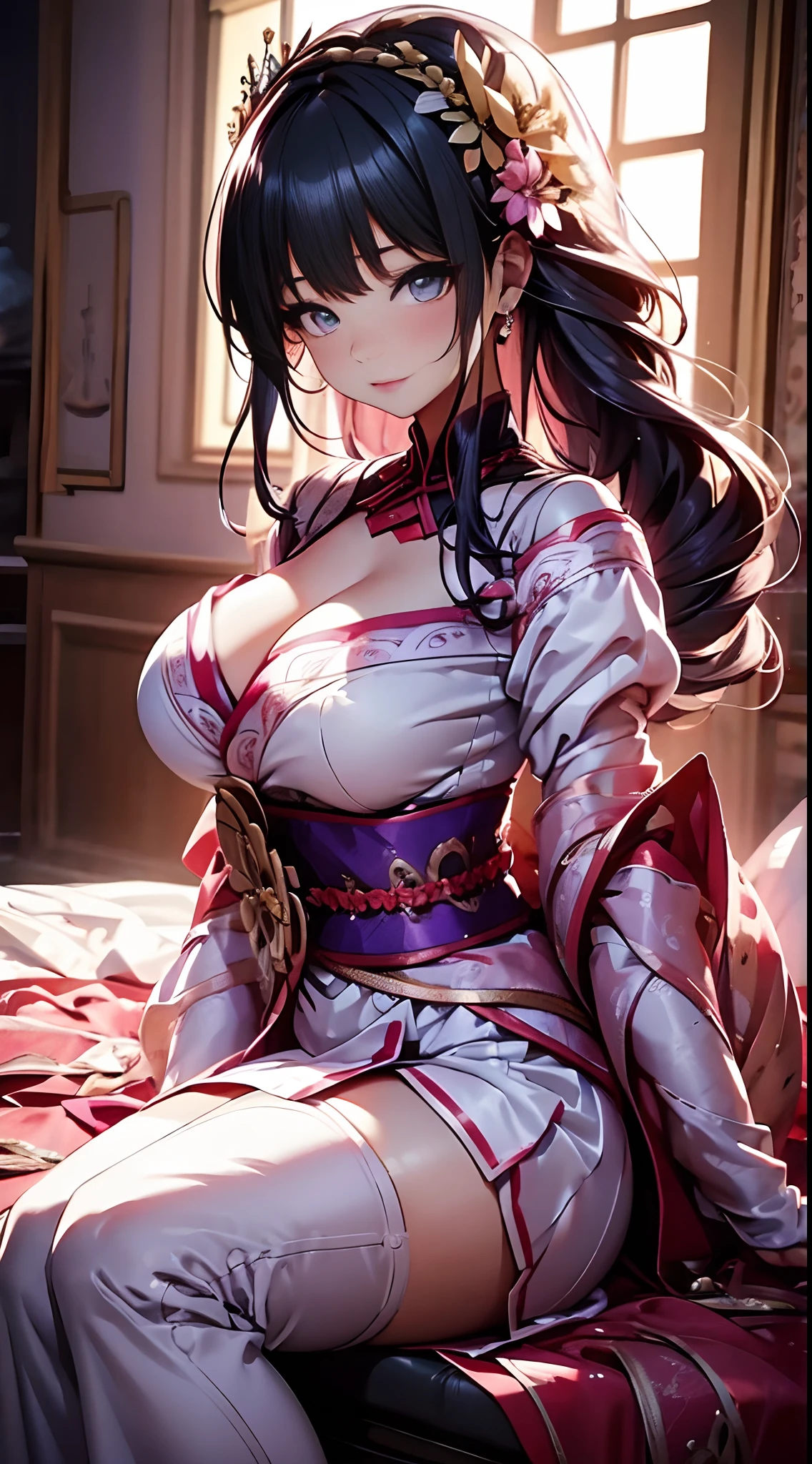 masterpiece, best quality, (realistic, 1girl, solo, beautiful face, detailed face, beautiful eyes), (breasts), thighs, long hair,  ponytail, breasts contains, red, shinobi, ninja, bare shoulder, elbow gloves, skirt curtain, hand fan, fans